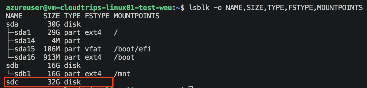 SSH-Sitzung mit dem neu verbundenen leeren 32-GiB-Blockgerät