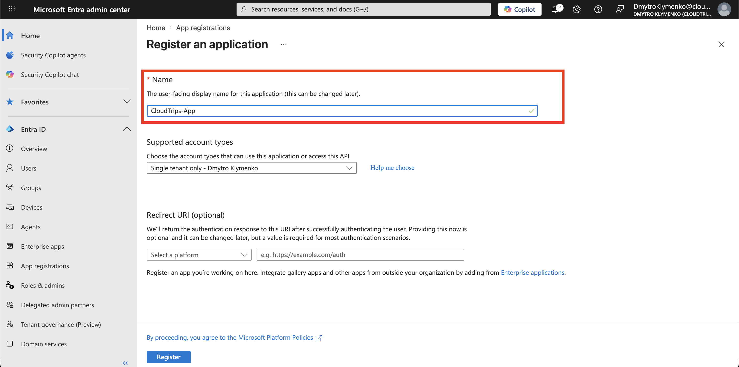 Microsoft Entra App-Registrierung mit CloudTrips App als Anwendungsname
