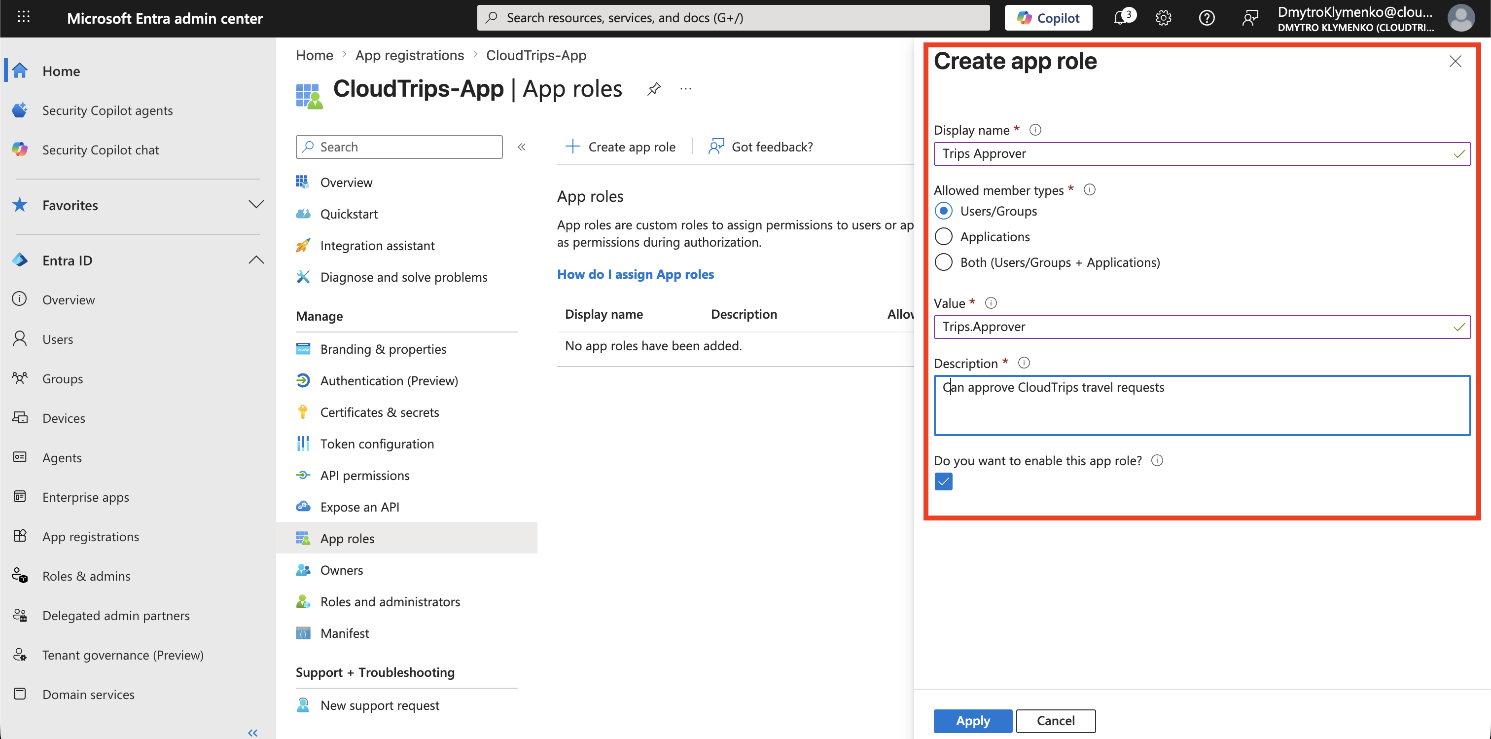 CloudTrips App roles Seite mit Trips Approver und Allowed member types Users and Groups