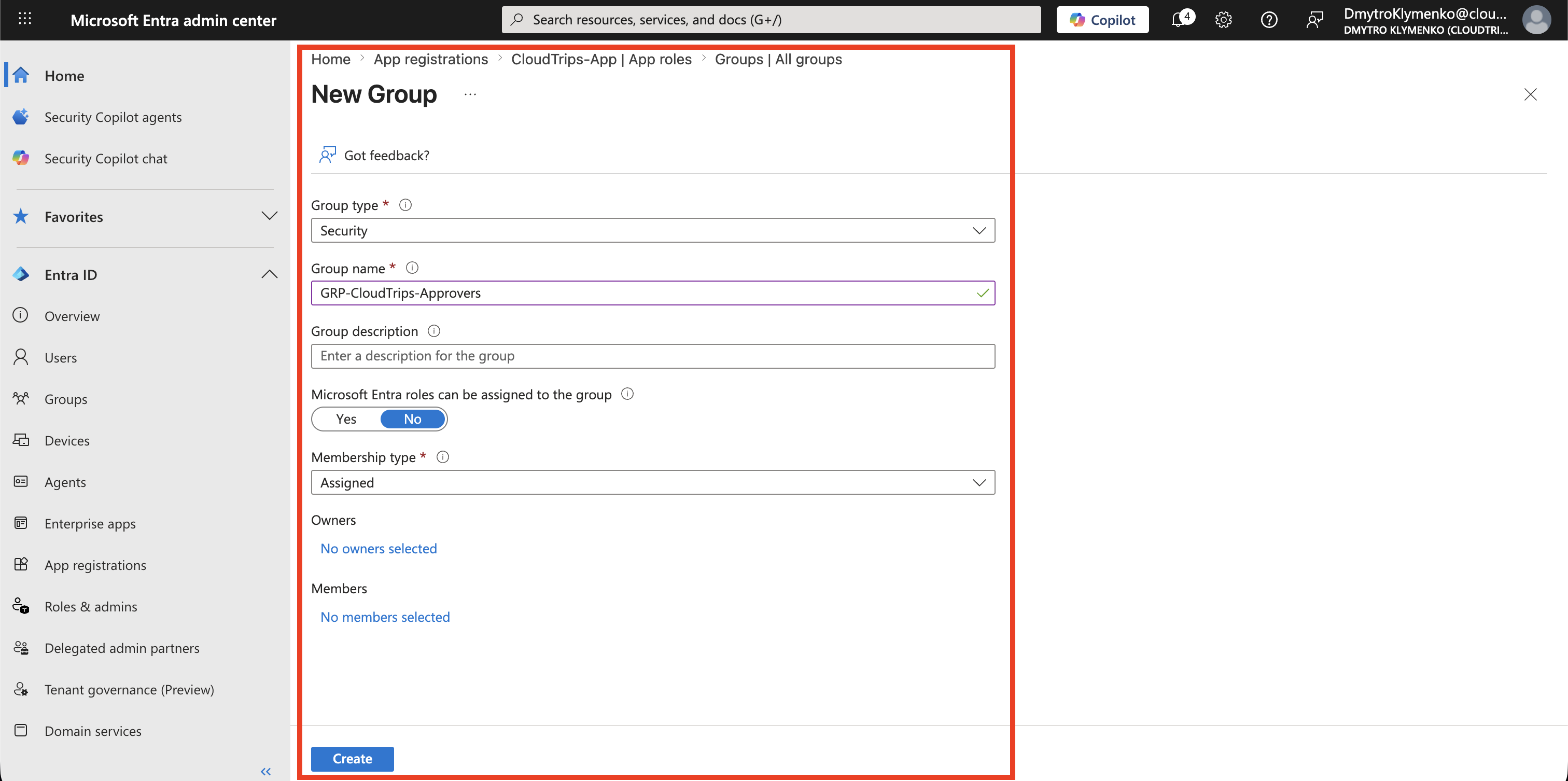 Microsoft Entra New group Formular mit GRP-CloudTrips-Approvers