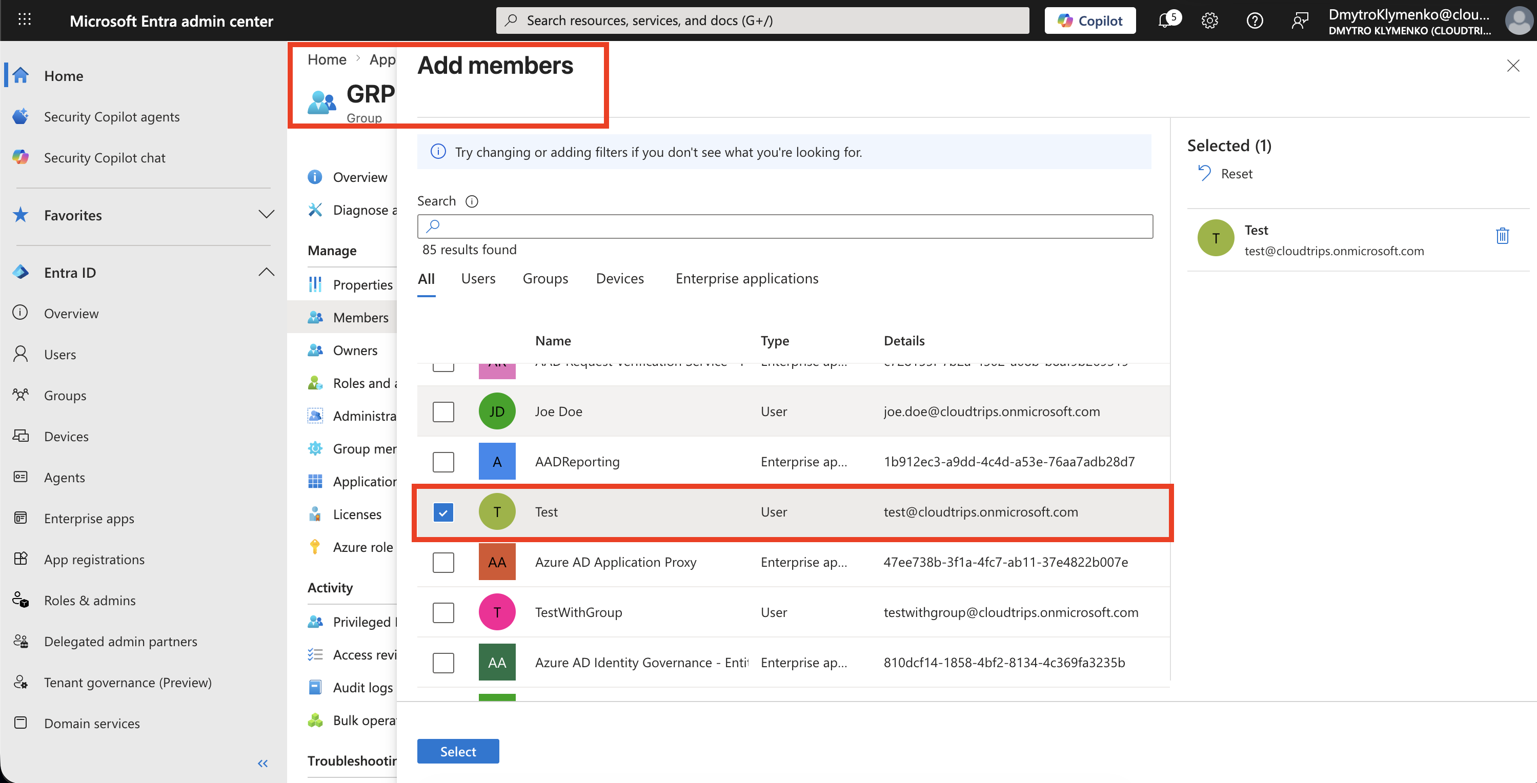 CloudTrips Approvers Gruppenmitglieder-Seite mit hinzugefuegtem Employee-Benutzer