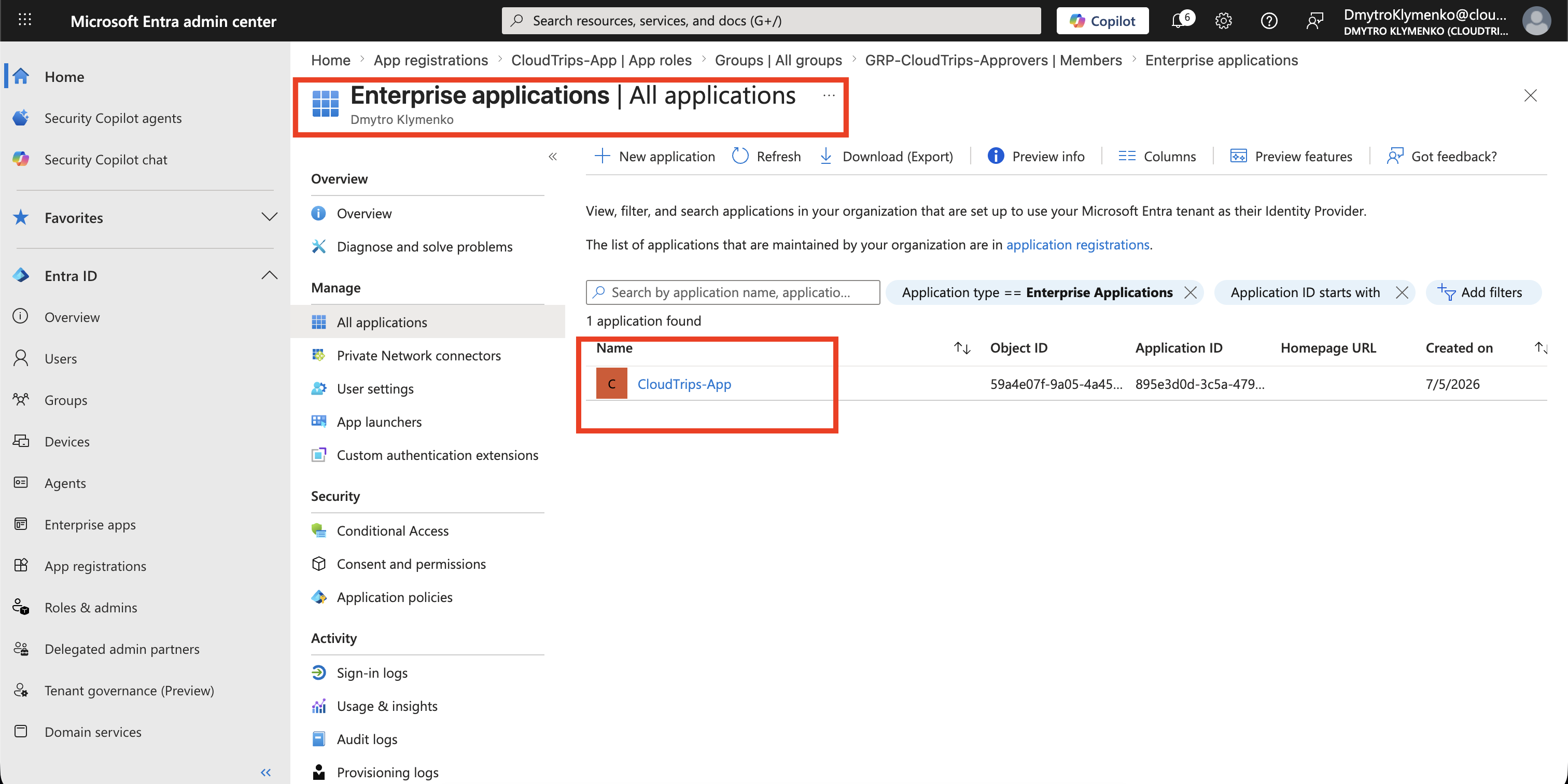 Microsoft Entra Enterprise applications Seite mit ausgewaehlter CloudTrips App