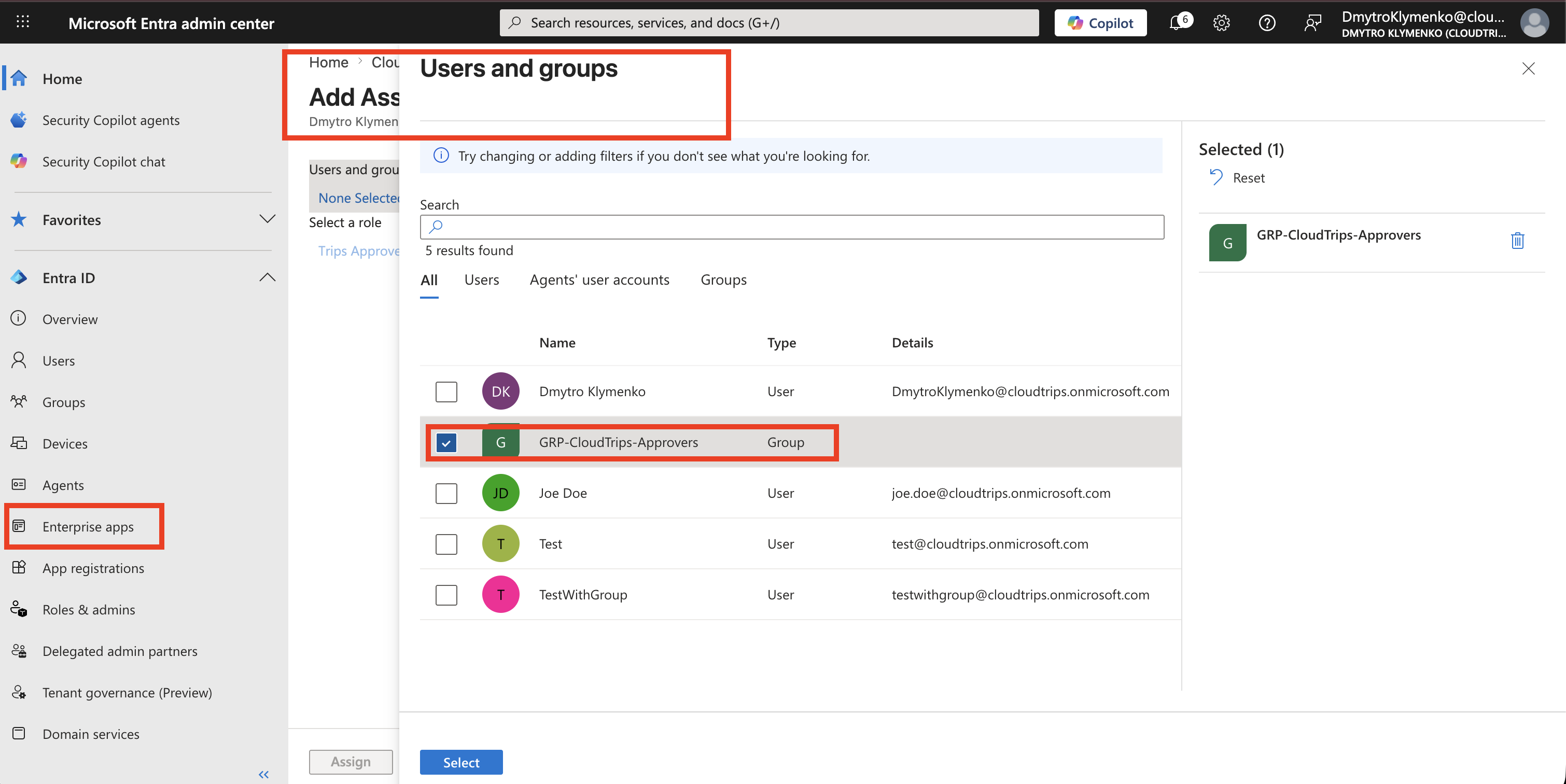 CloudTrips Enterprise Application Users and groups Seite mit Approvers-Gruppe und Trips Approver Rolle