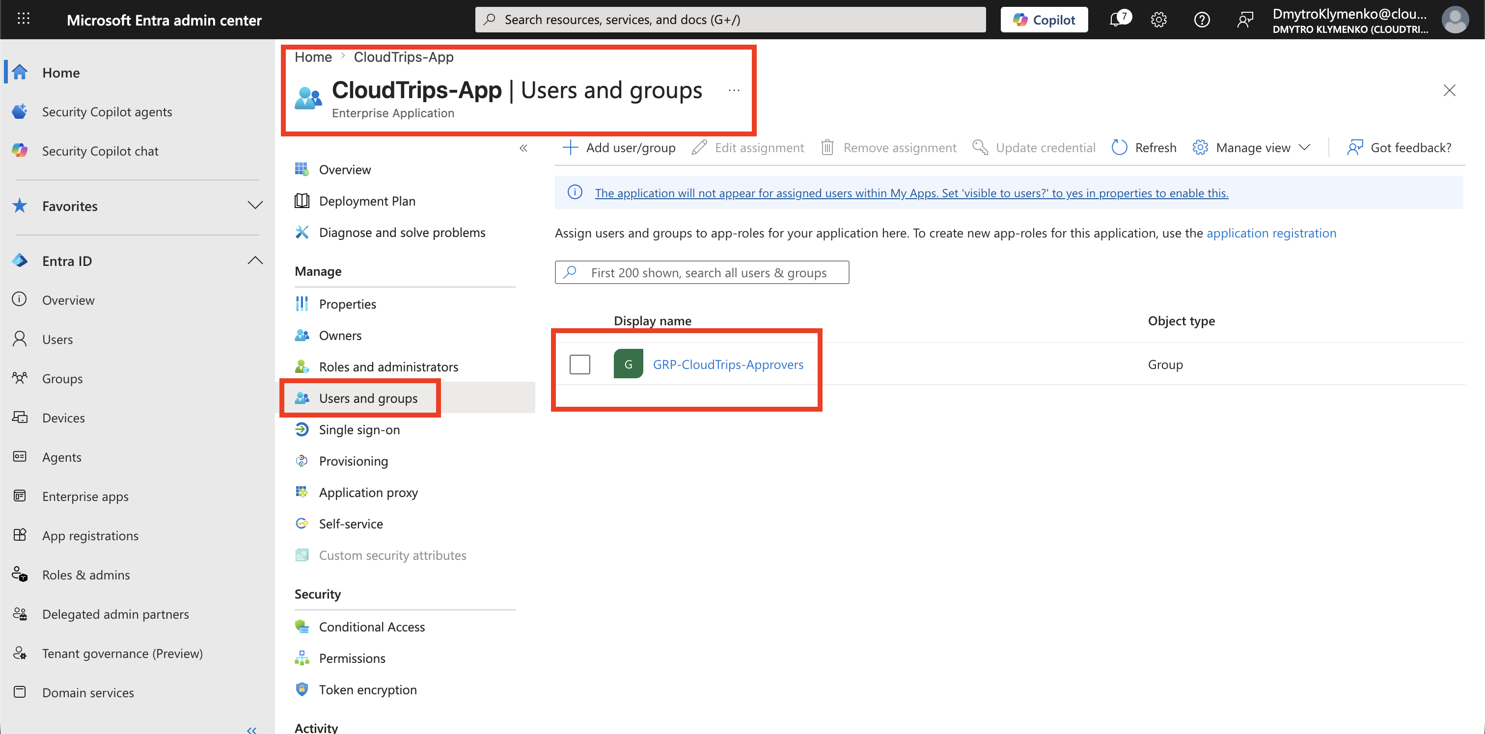 CloudTrips Enterprise Application Zuweisungsliste mit Approvers-Gruppe und Trips Approver Rolle
