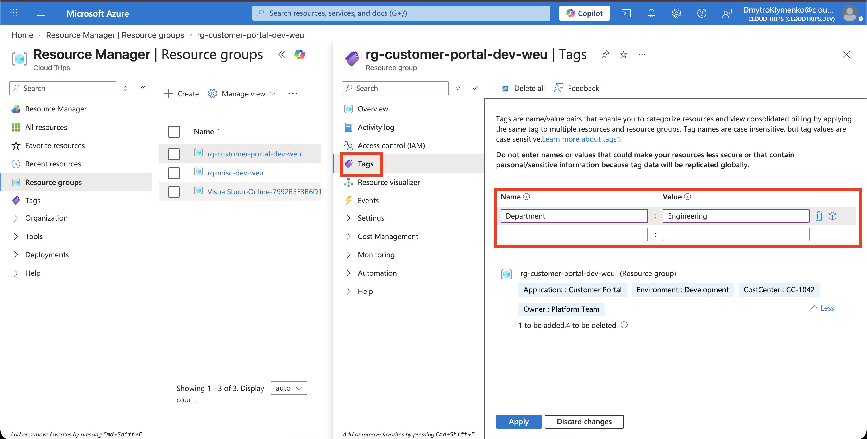 CloudTrips resource group with Department Engineering tag ready to save