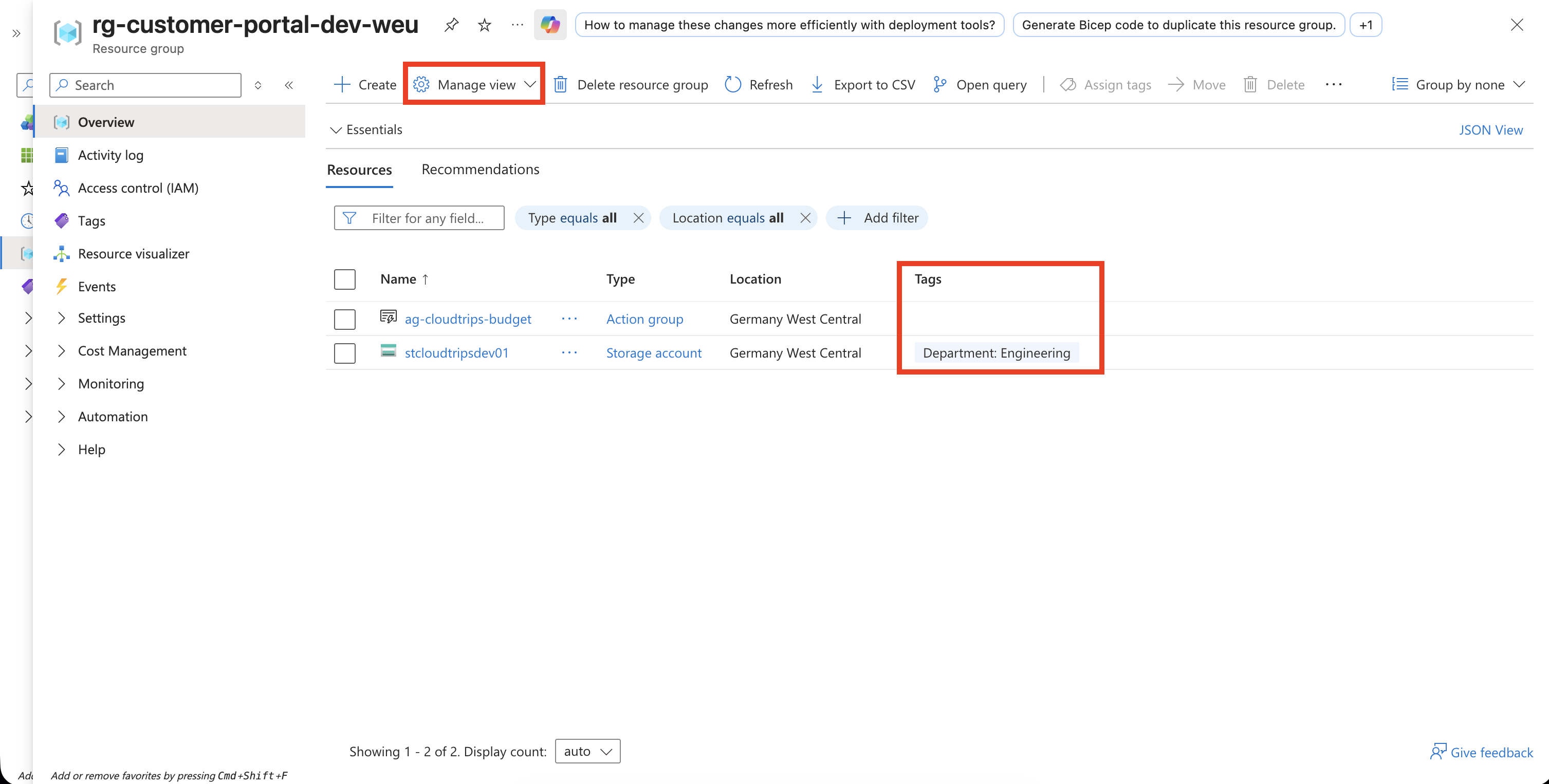 Resource list showing Department Engineering tags on CloudTrips resources