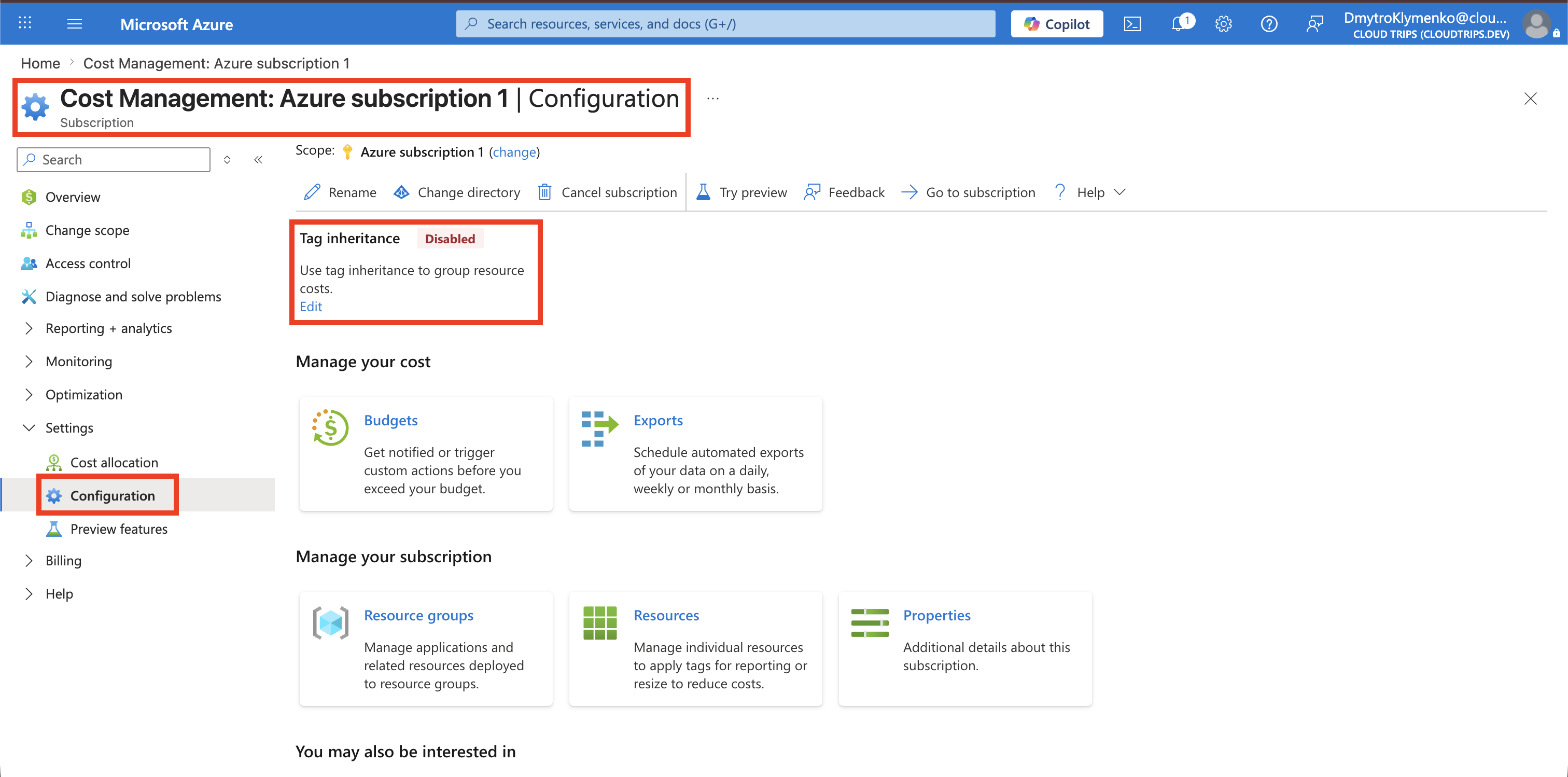 Cost Management page for configuring tag inheritance on Azure subscription 1