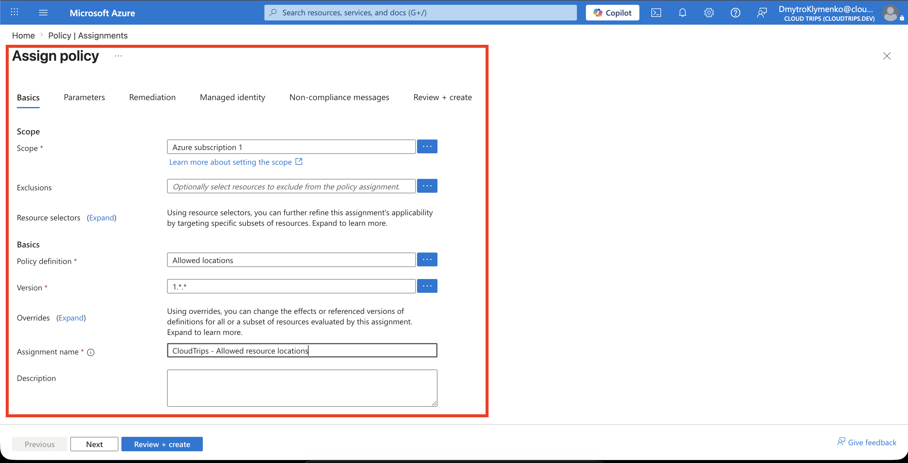 Azure Policy assignment Basics tab configured for Azure subscription 1