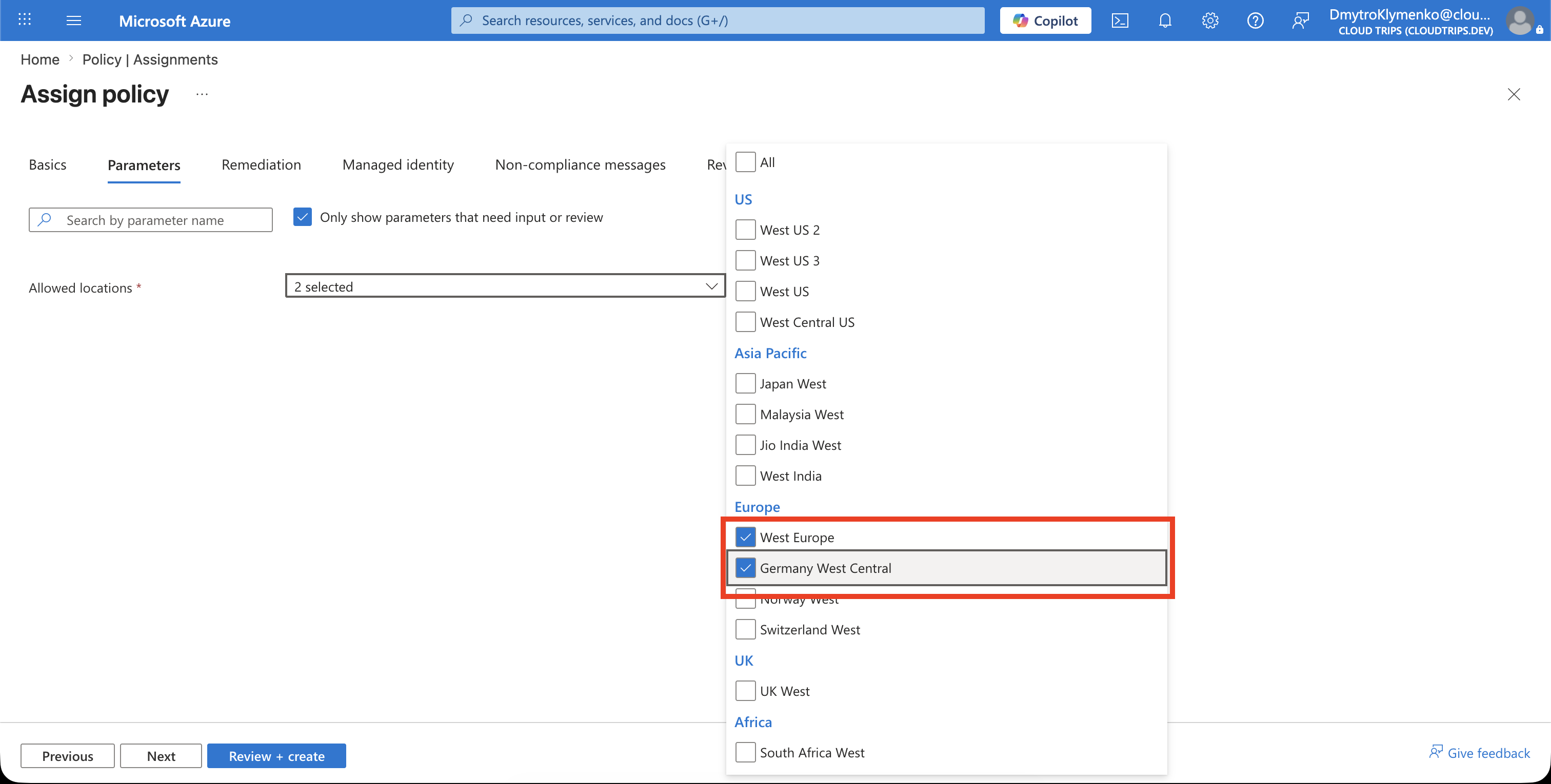 Allowed locations parameters with West Europe and Germany West Central selected