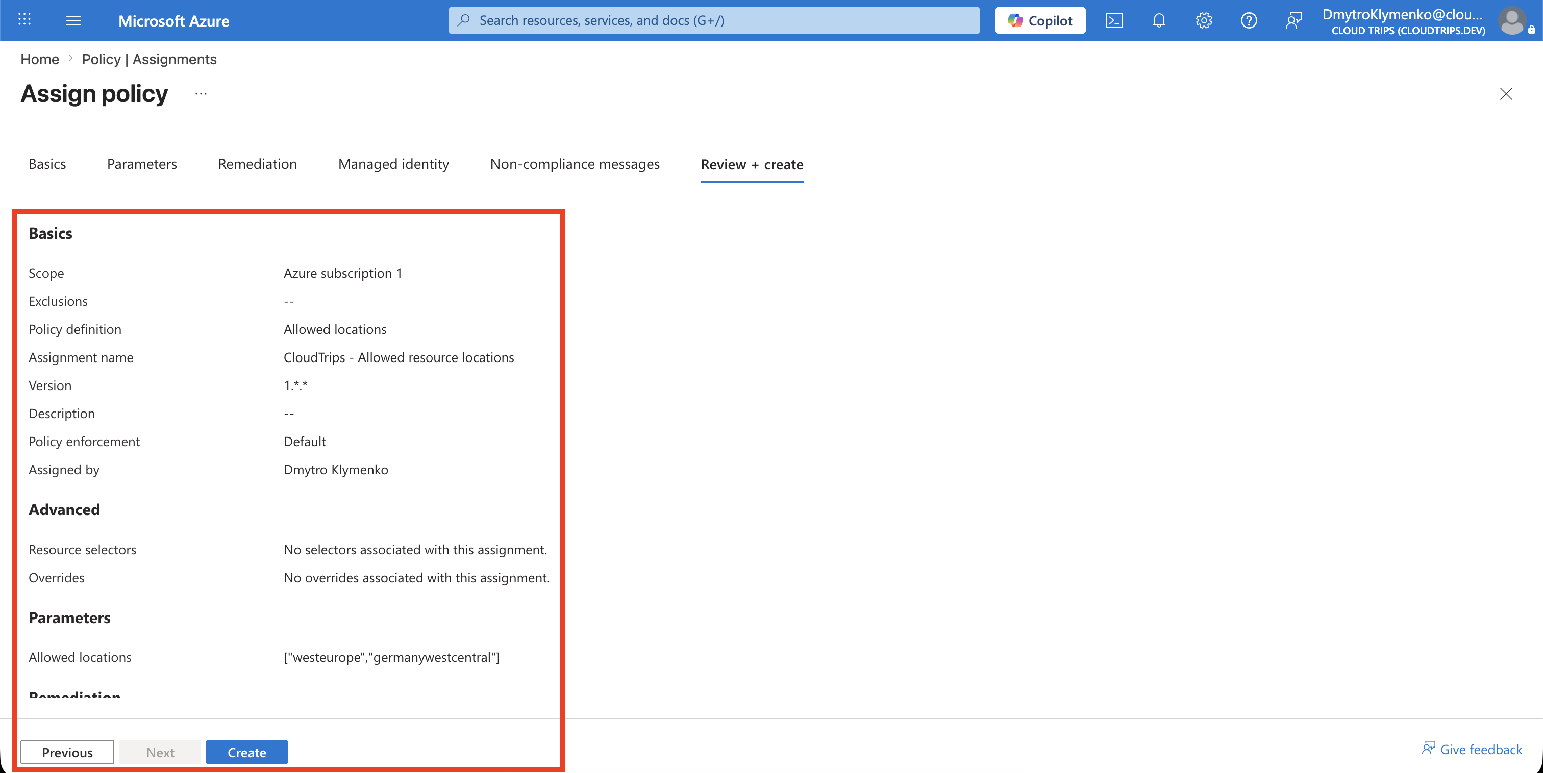 Allowed locations policy assignment ready to create