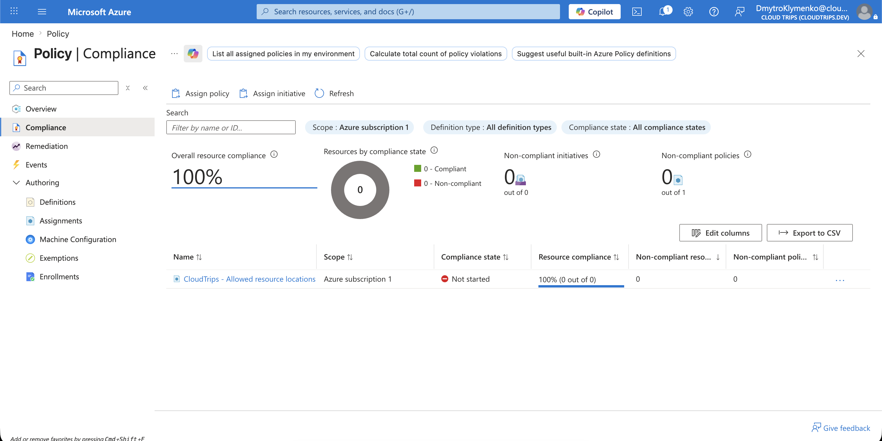 Policy compliance page for the CloudTrips allowed locations assignment