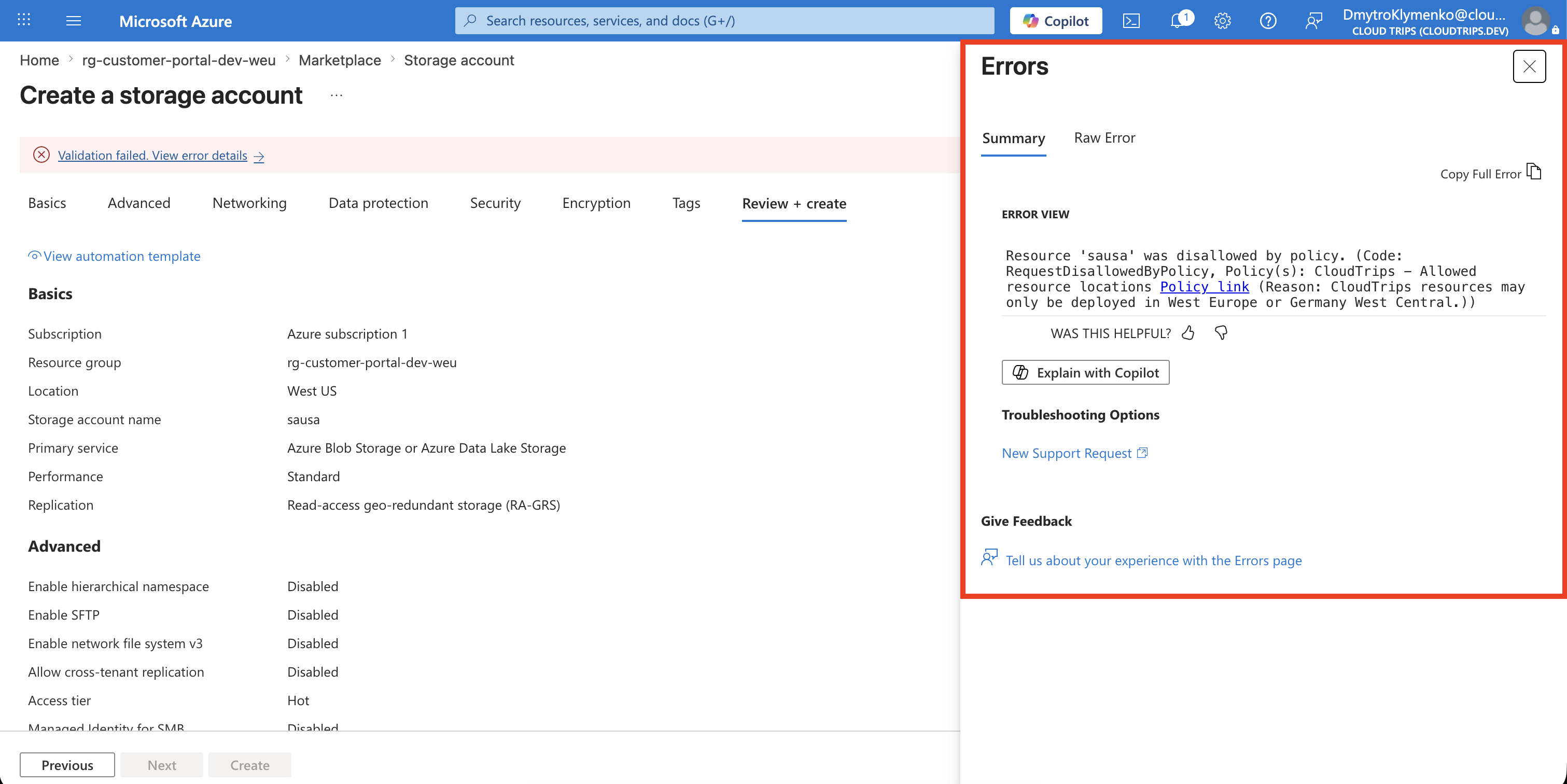 Storage account deployment denied because East US is not an approved location