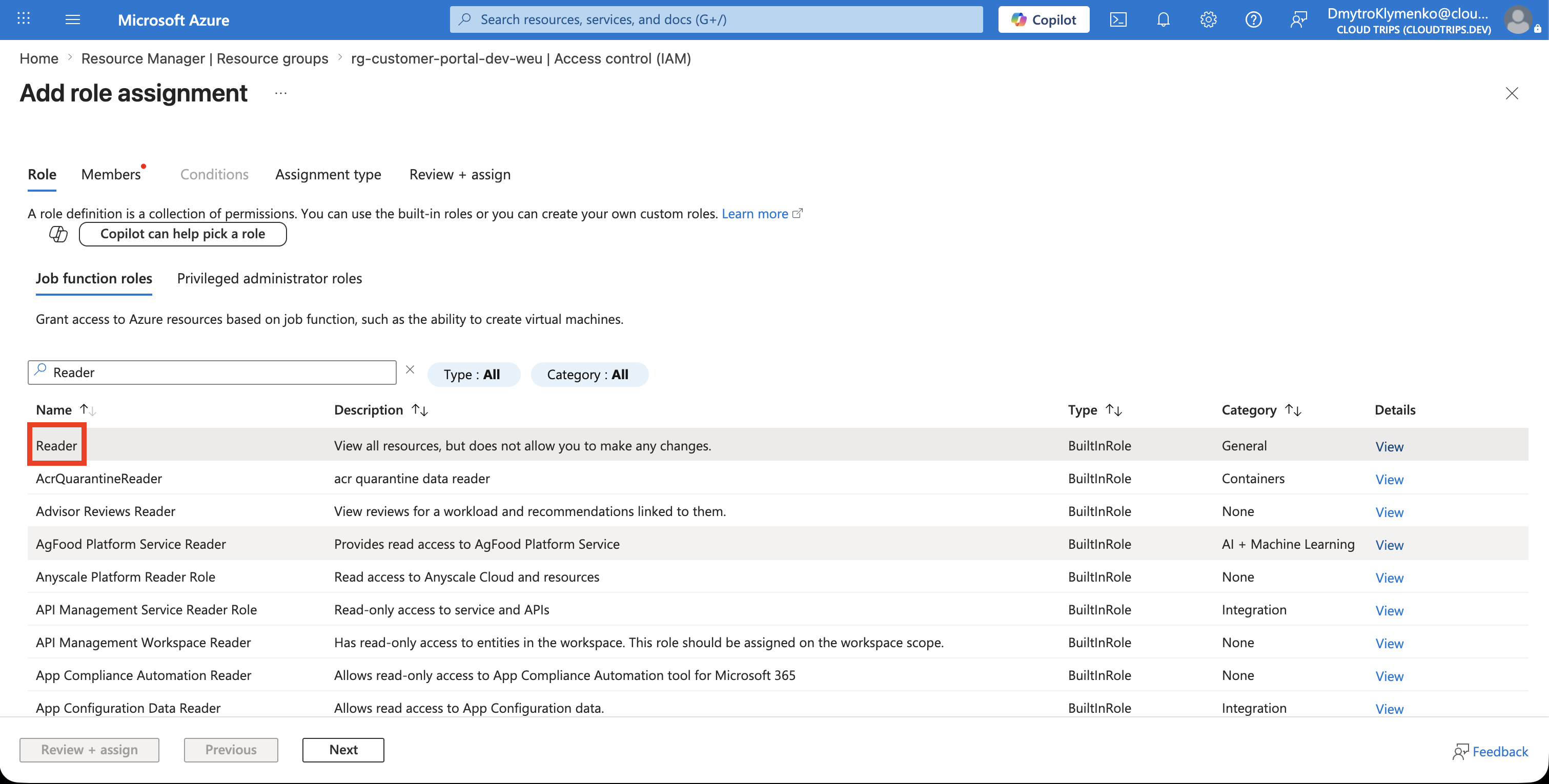 Add role assignment Role tab with the Reader role selected