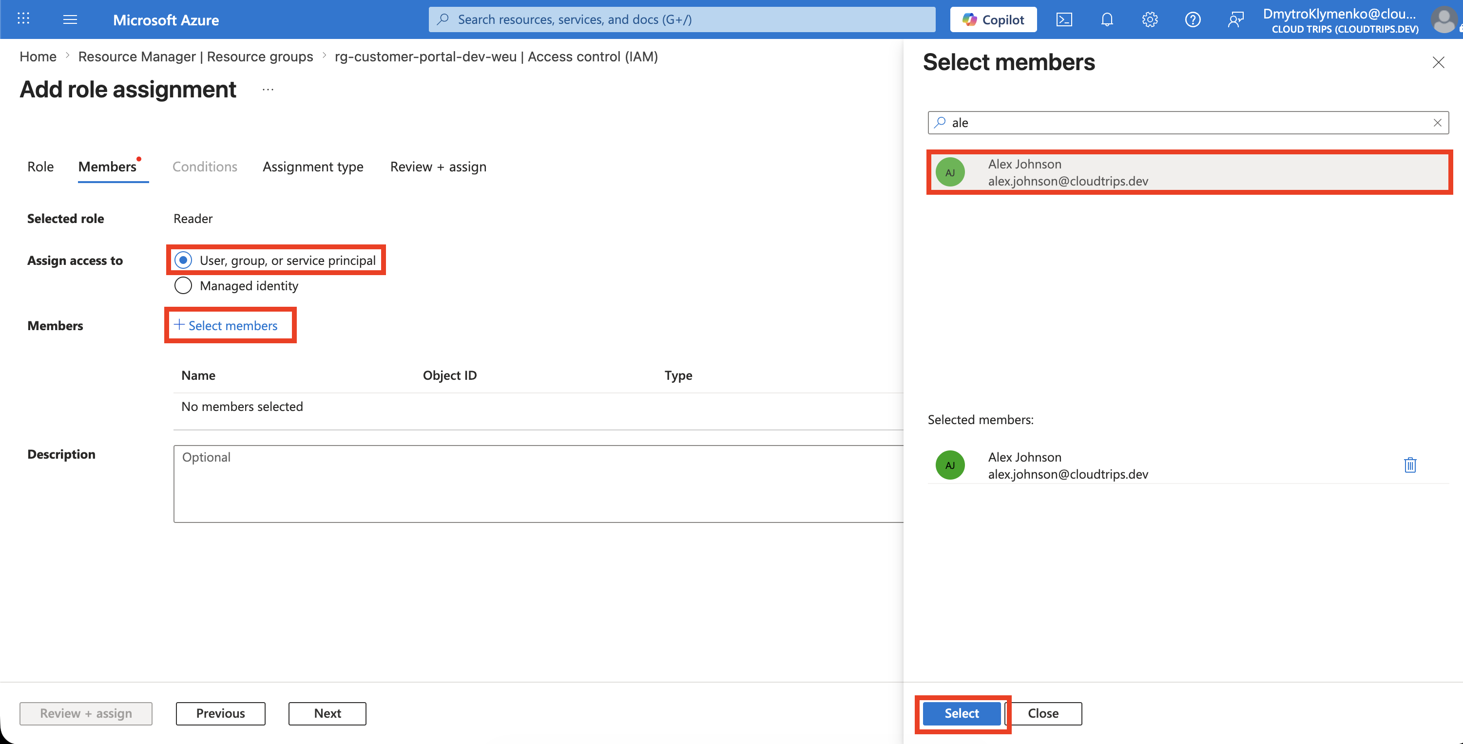 Add role assignment Members tab with Alex Johnson selected