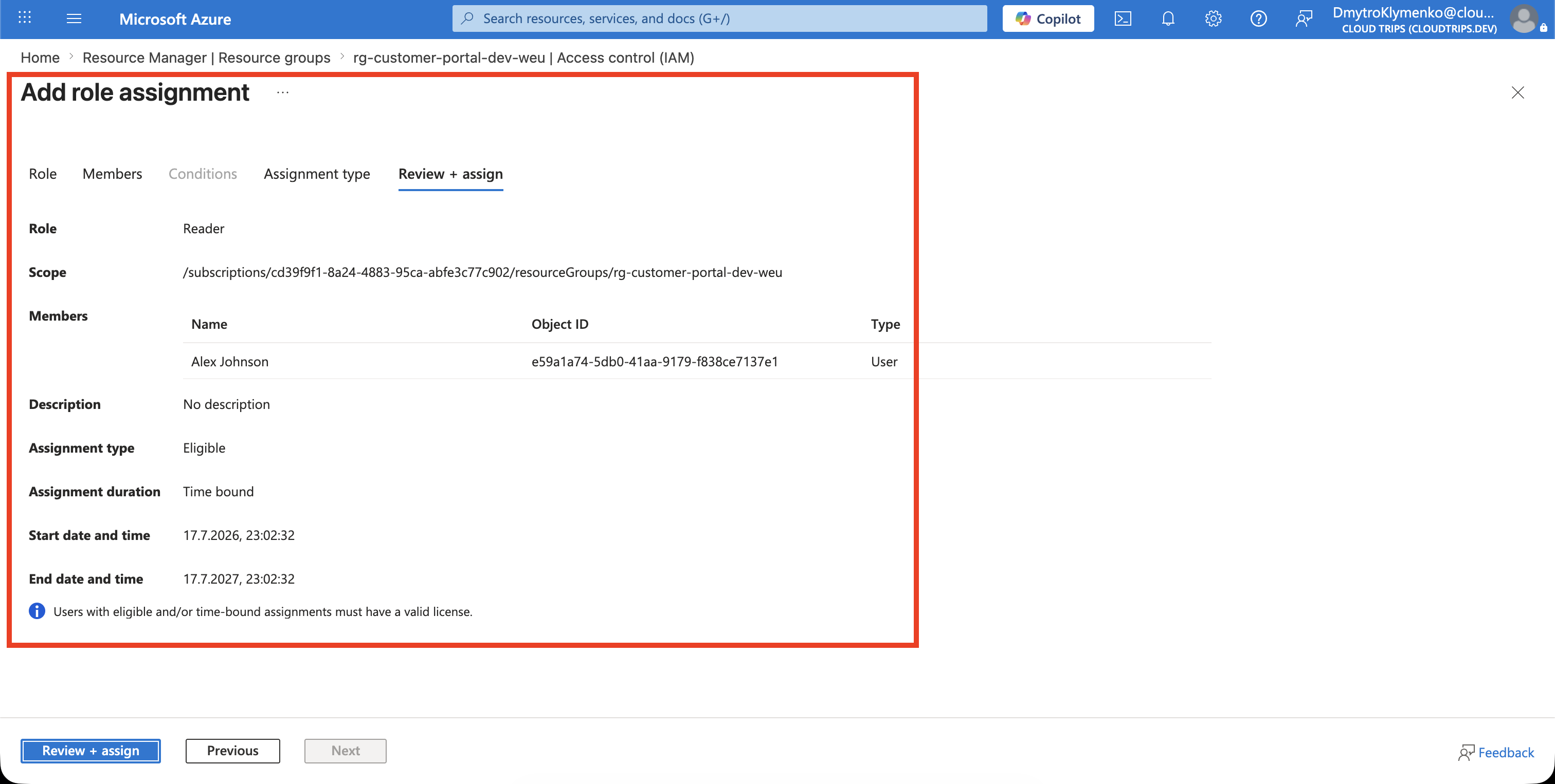 Review and assign tab showing the Reader role, Alex Johnson, and resource group scope