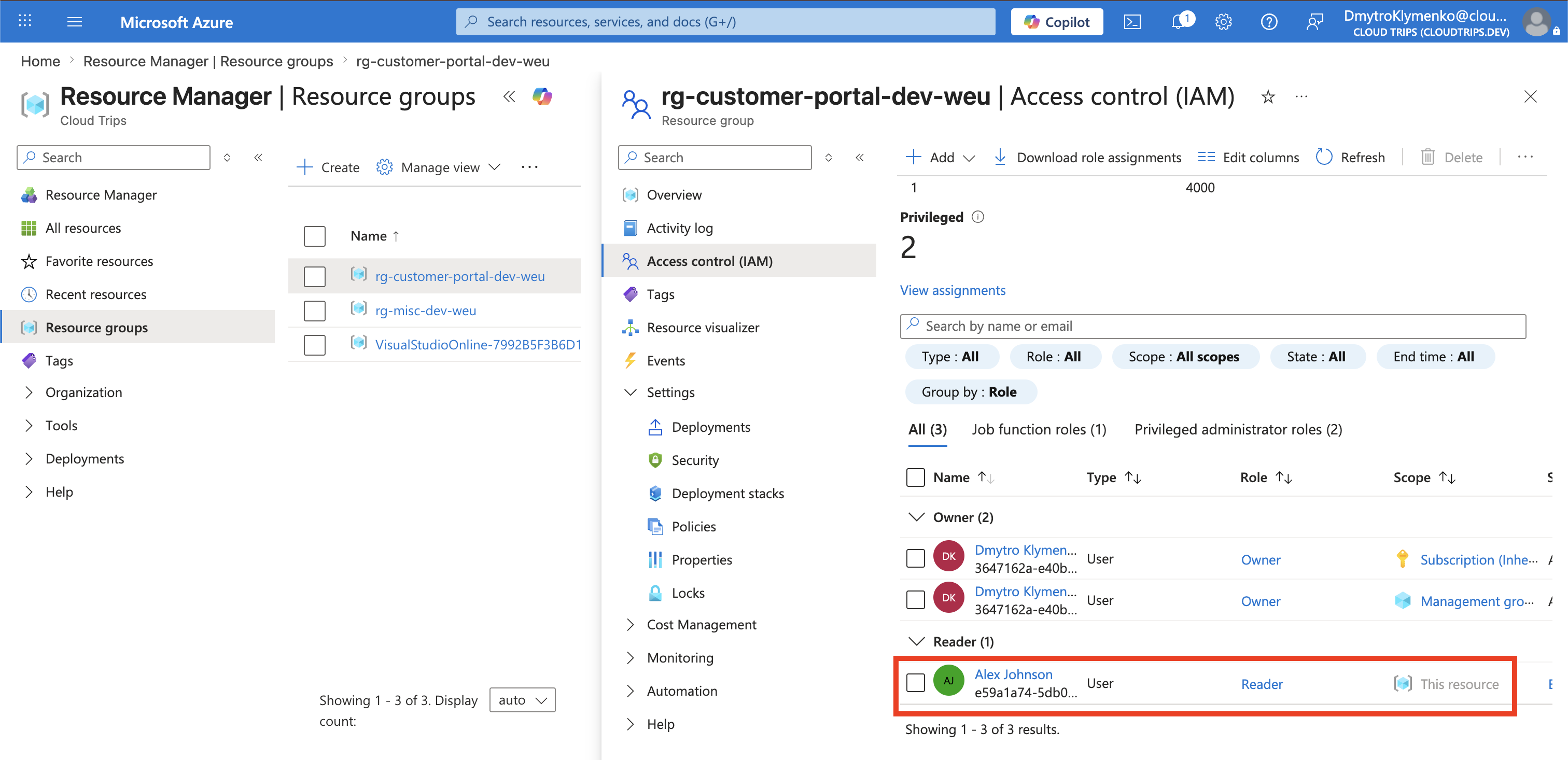 Role assignments list showing Alex Johnson with Reader access at the resource group scope