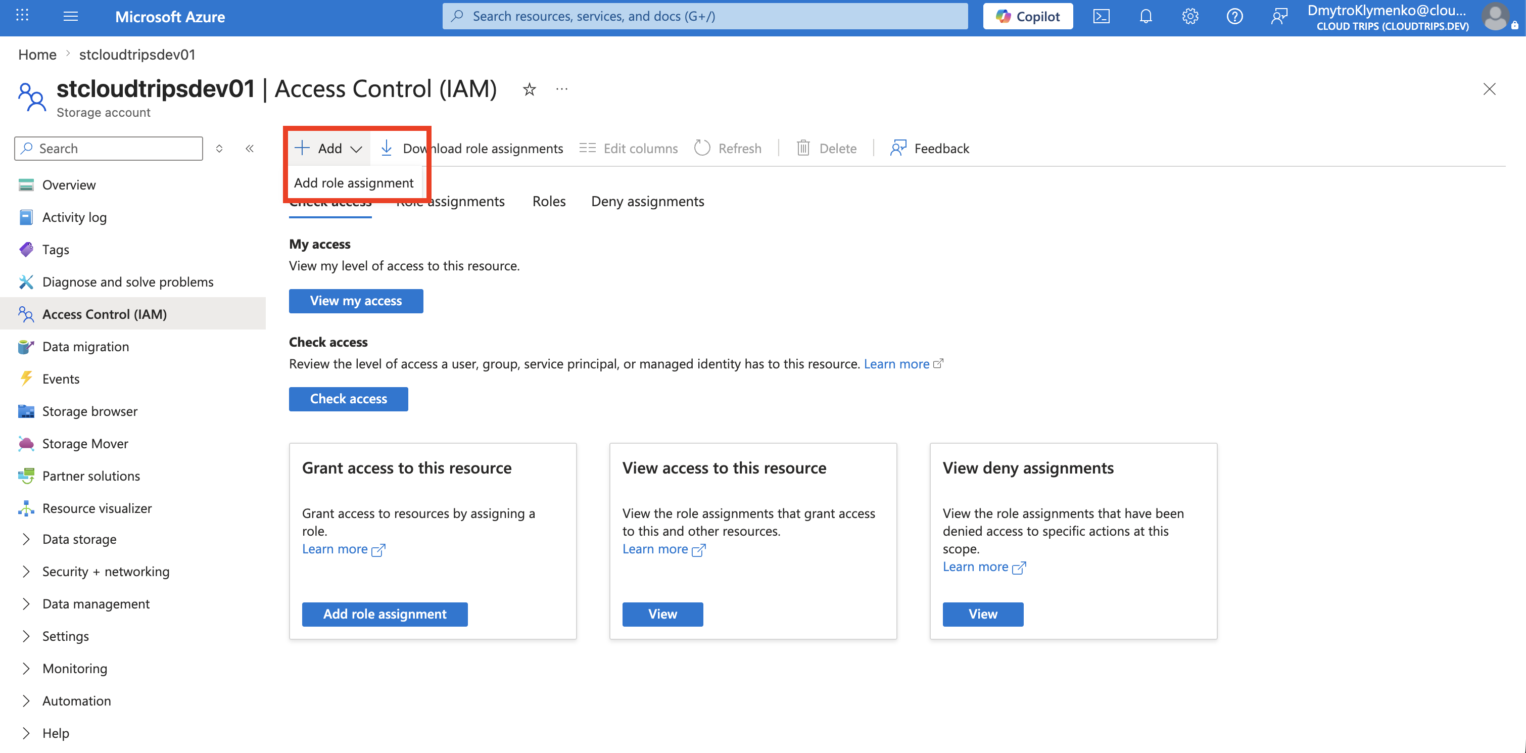 Storage account Access control IAM page with Add role assignment available