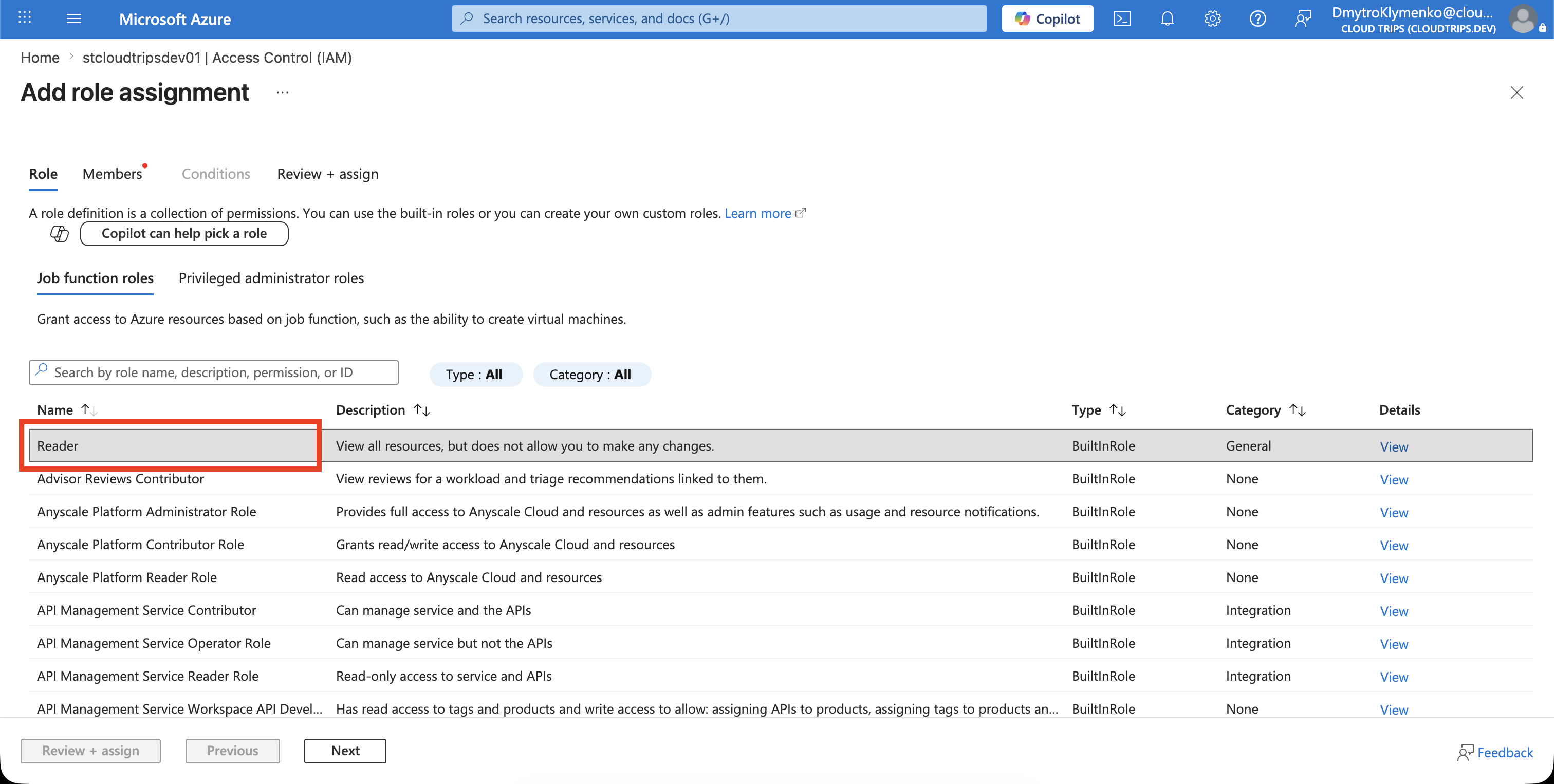 Role tab with Reader selected