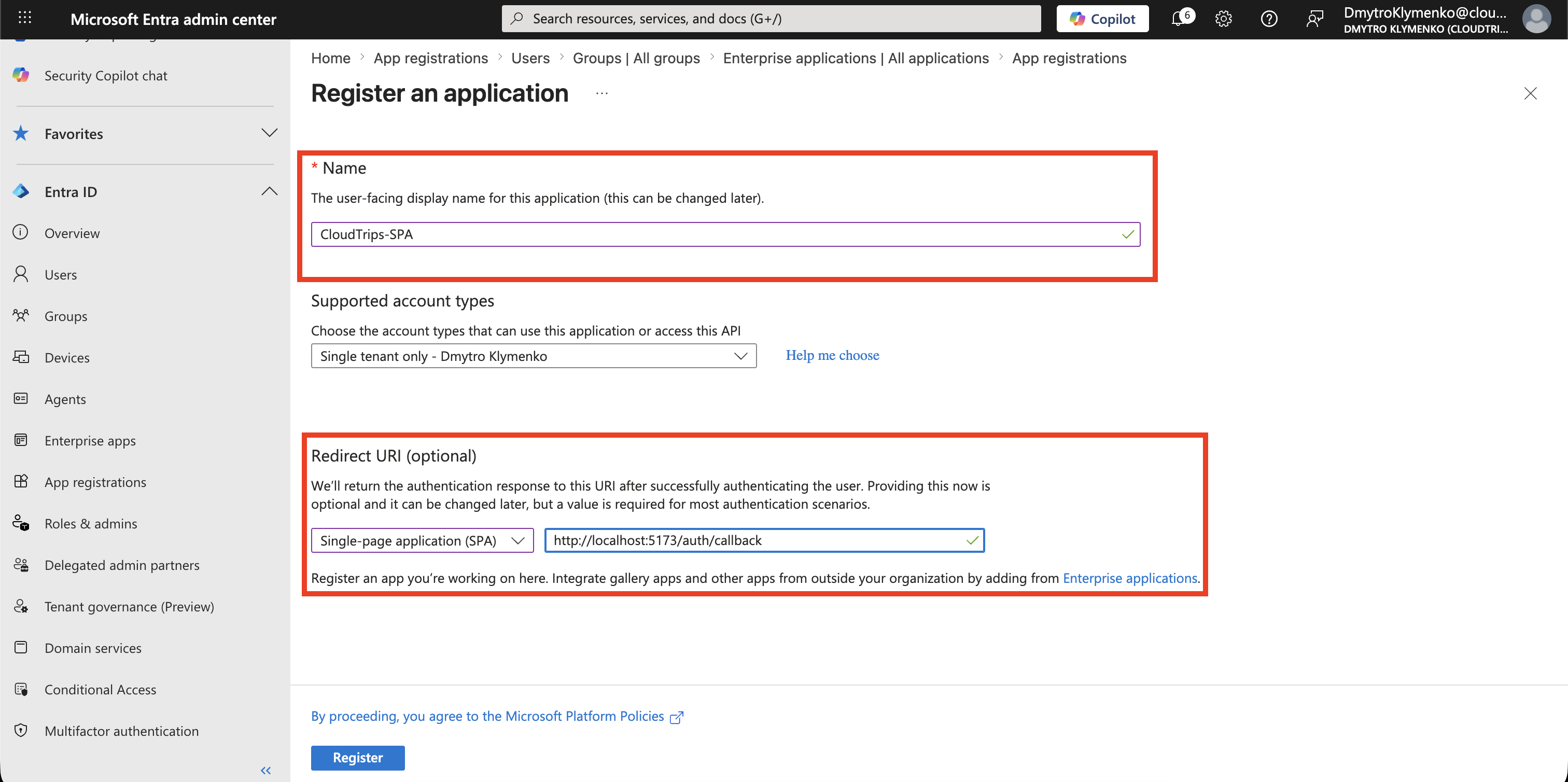 Microsoft Entra App-Registrierung mit CloudTrips SPA und Single-page application Redirect URI