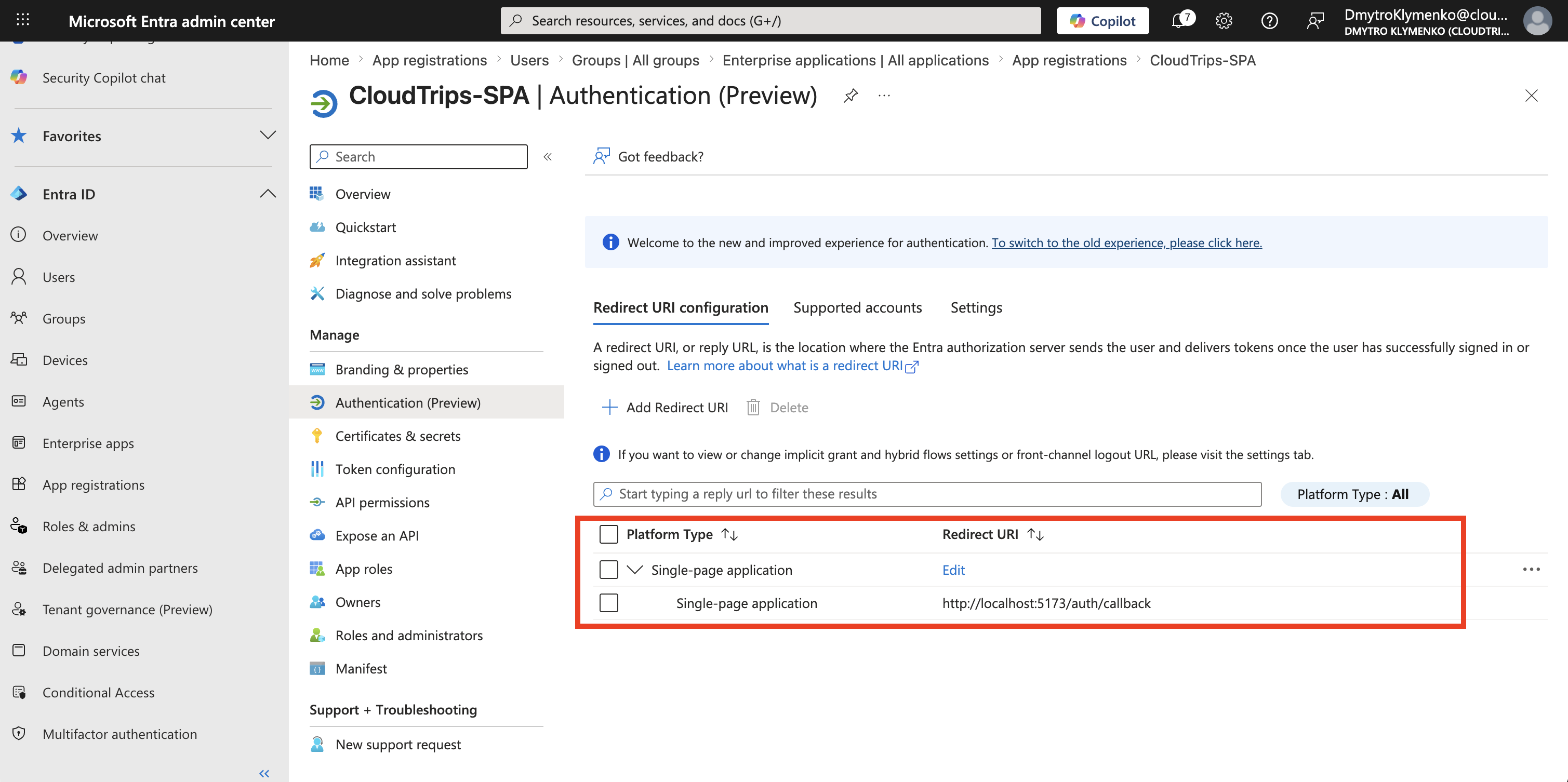 CloudTrips SPA Authentication Seite mit Single-page application Redirect URI