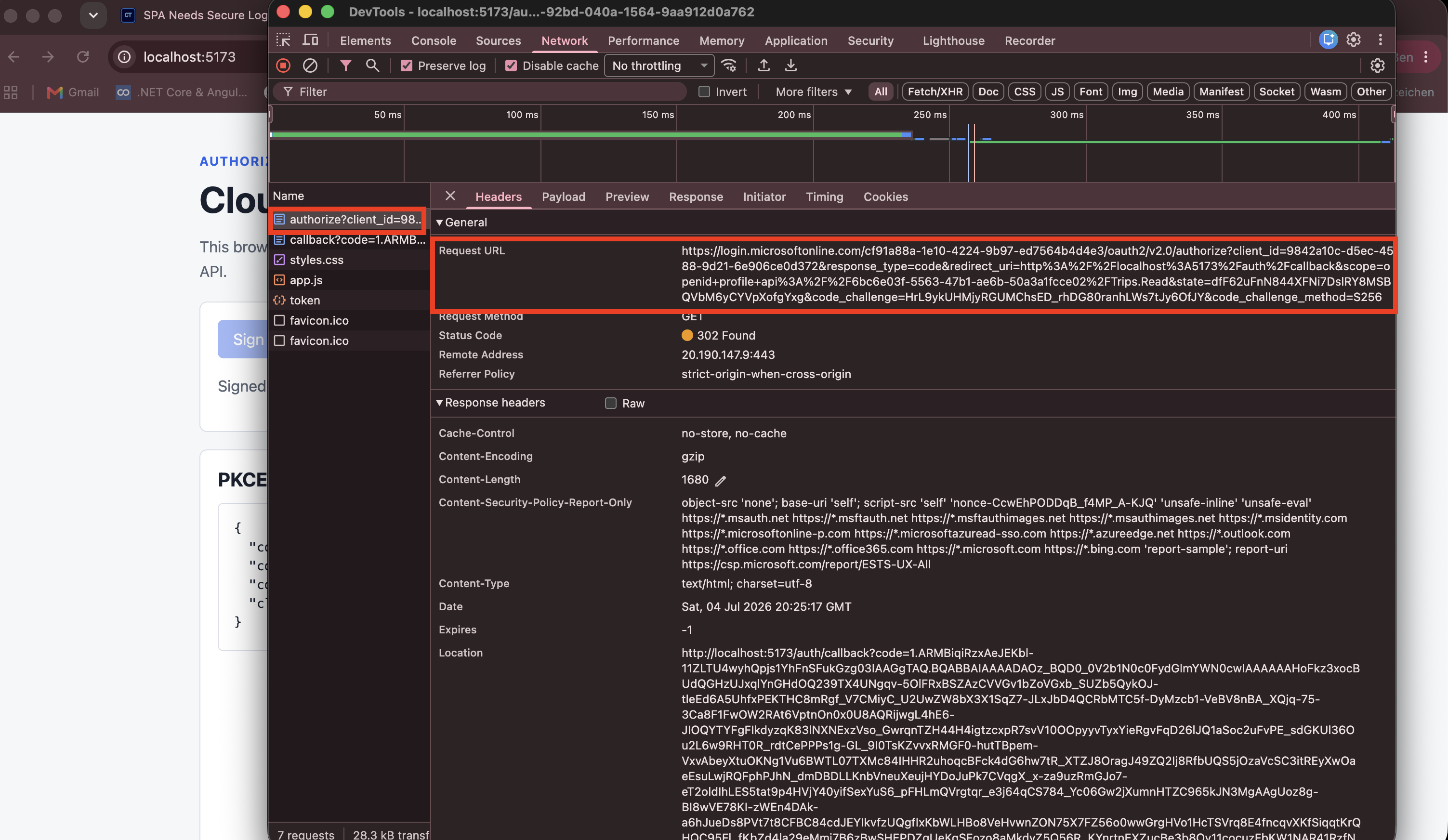 Browser Developer Tools oder Callback-Seite mit SPA Callback und Authorization Code