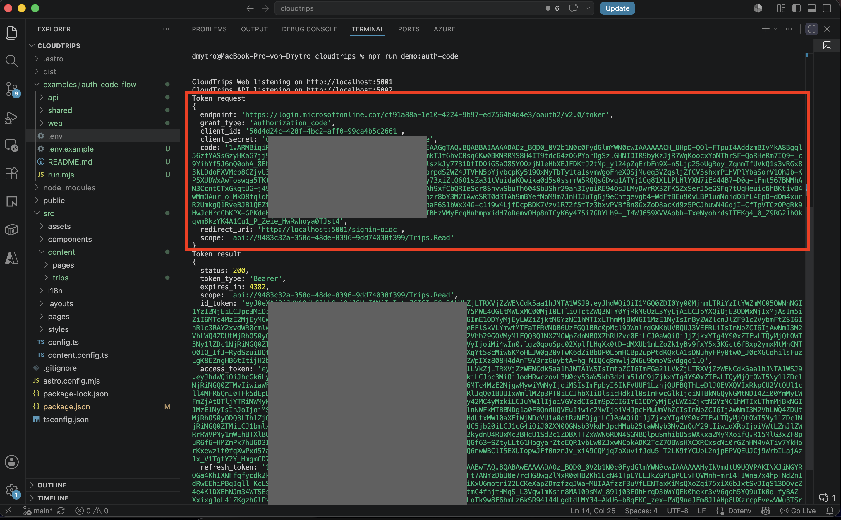 Application Log mit Authorization Code Token Request an Microsoft Entra