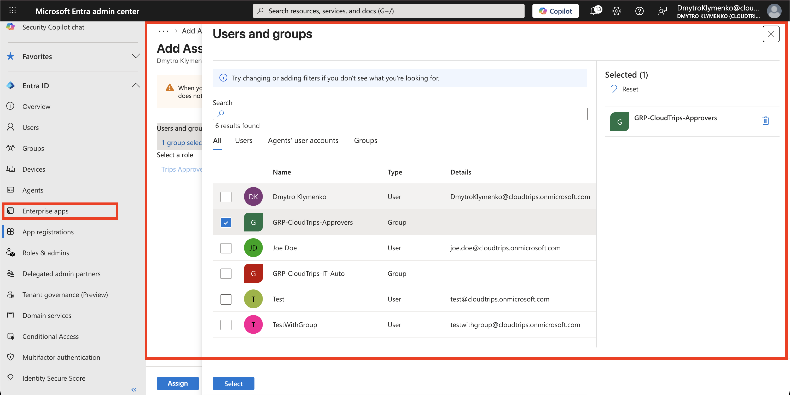CloudTrips API Enterprise Application Users and groups Seite mit Approvers-Gruppe in der Trips Approver Rolle