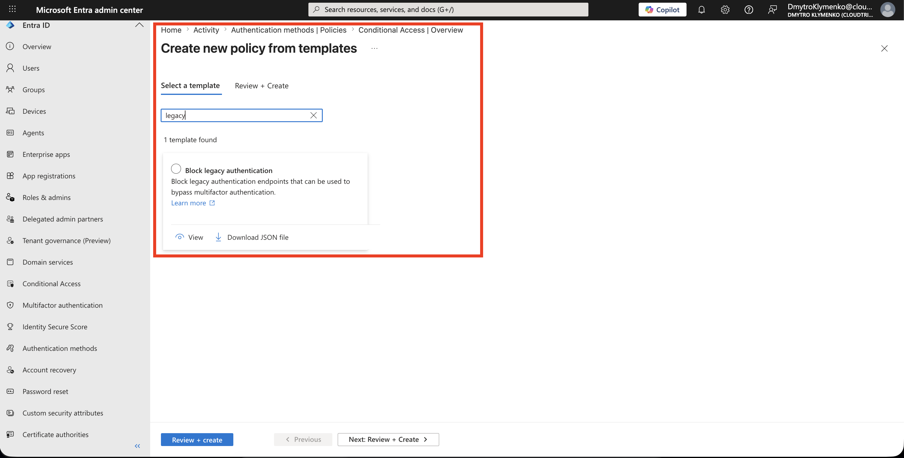 Conditional Access templates page showing the Block legacy authentication template