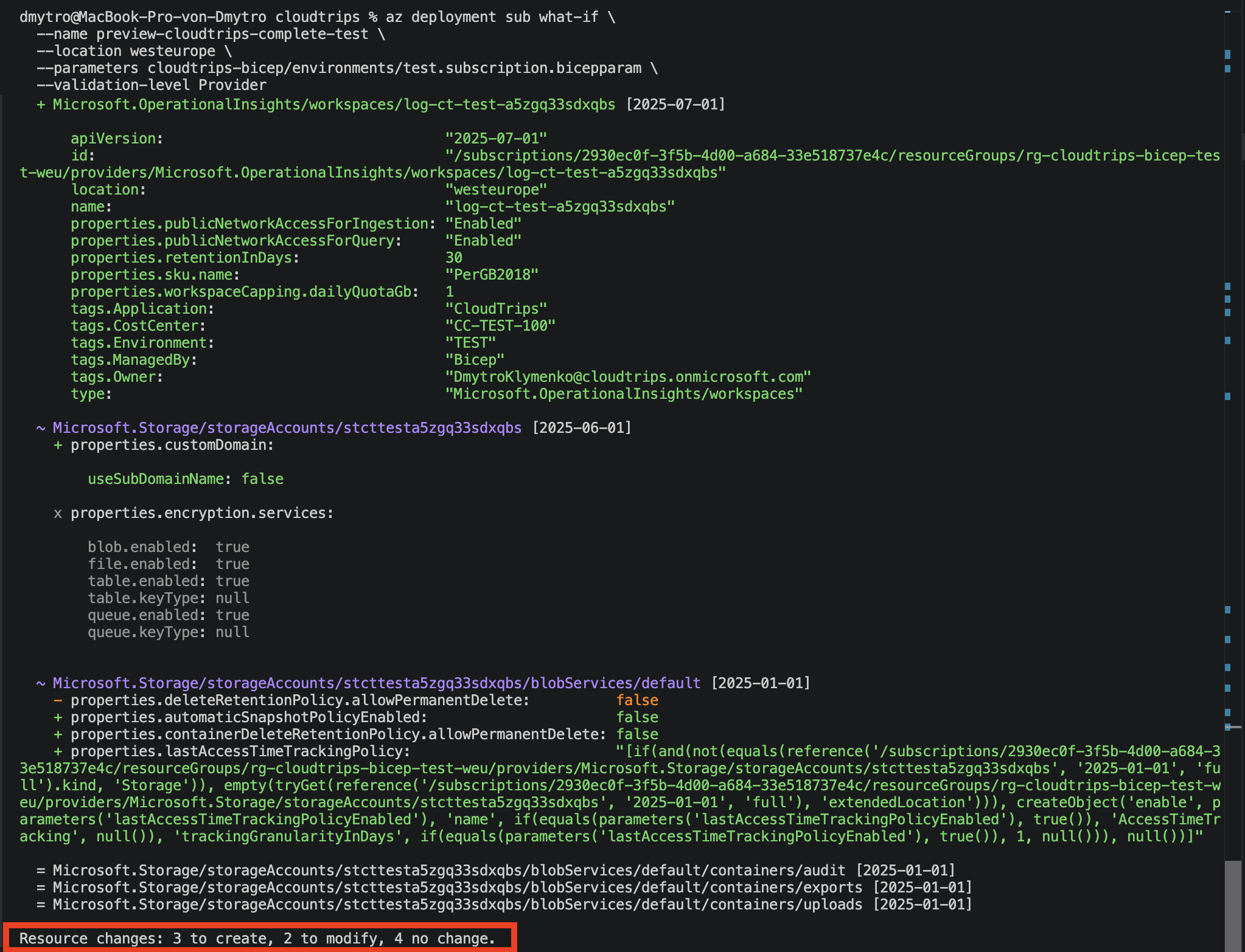 Subscription what-if showing the new CloudTrips Key Vault and monitoring resources without replacing storage