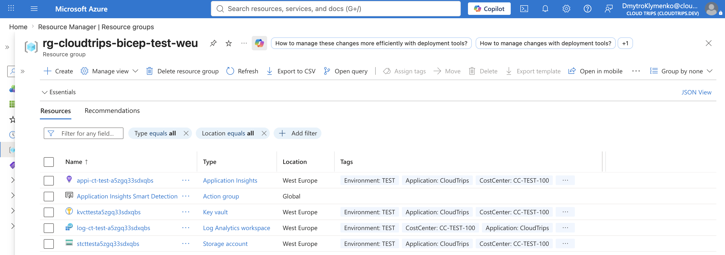 Azure portal showing the completed CloudTrips TEST environment and its deployed resources