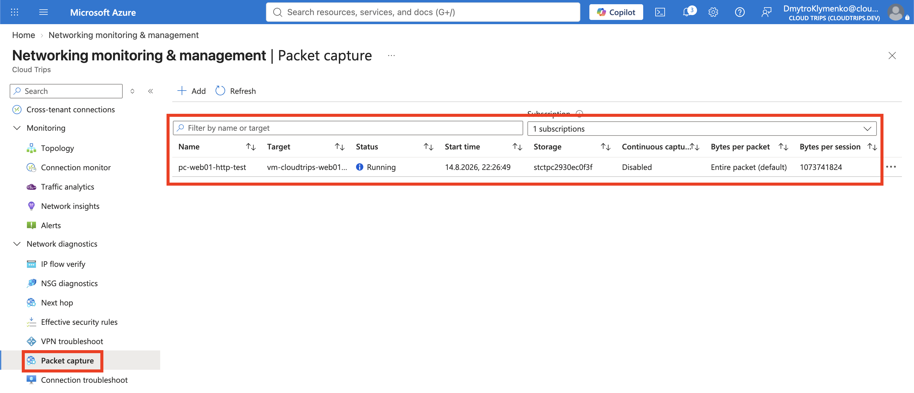 Filtered Network Watcher packet capture configured for TCP port 80 on WEB01