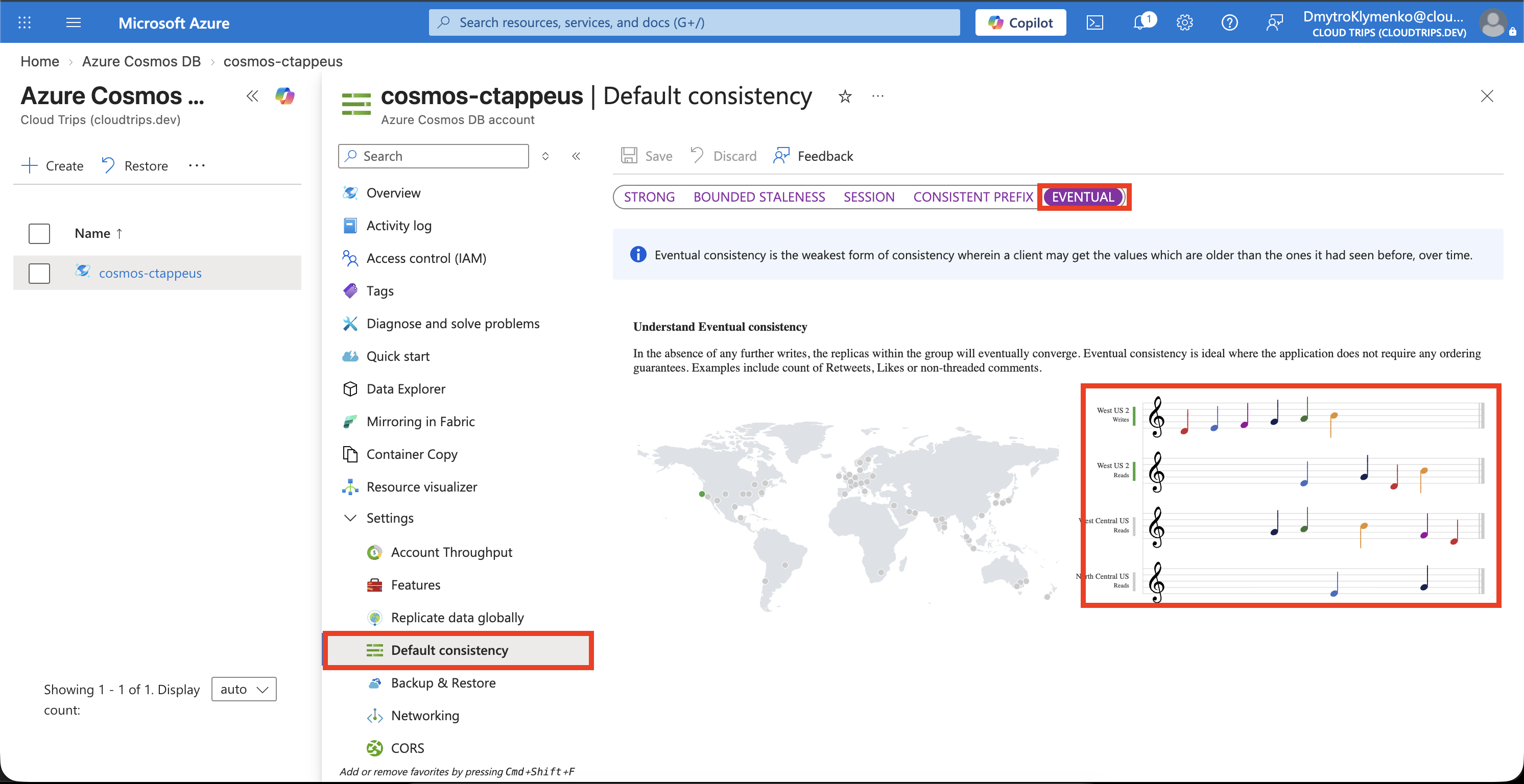 Cosmos-DB-Seite Default consistency mit gespeicherter Auswahl Eventual