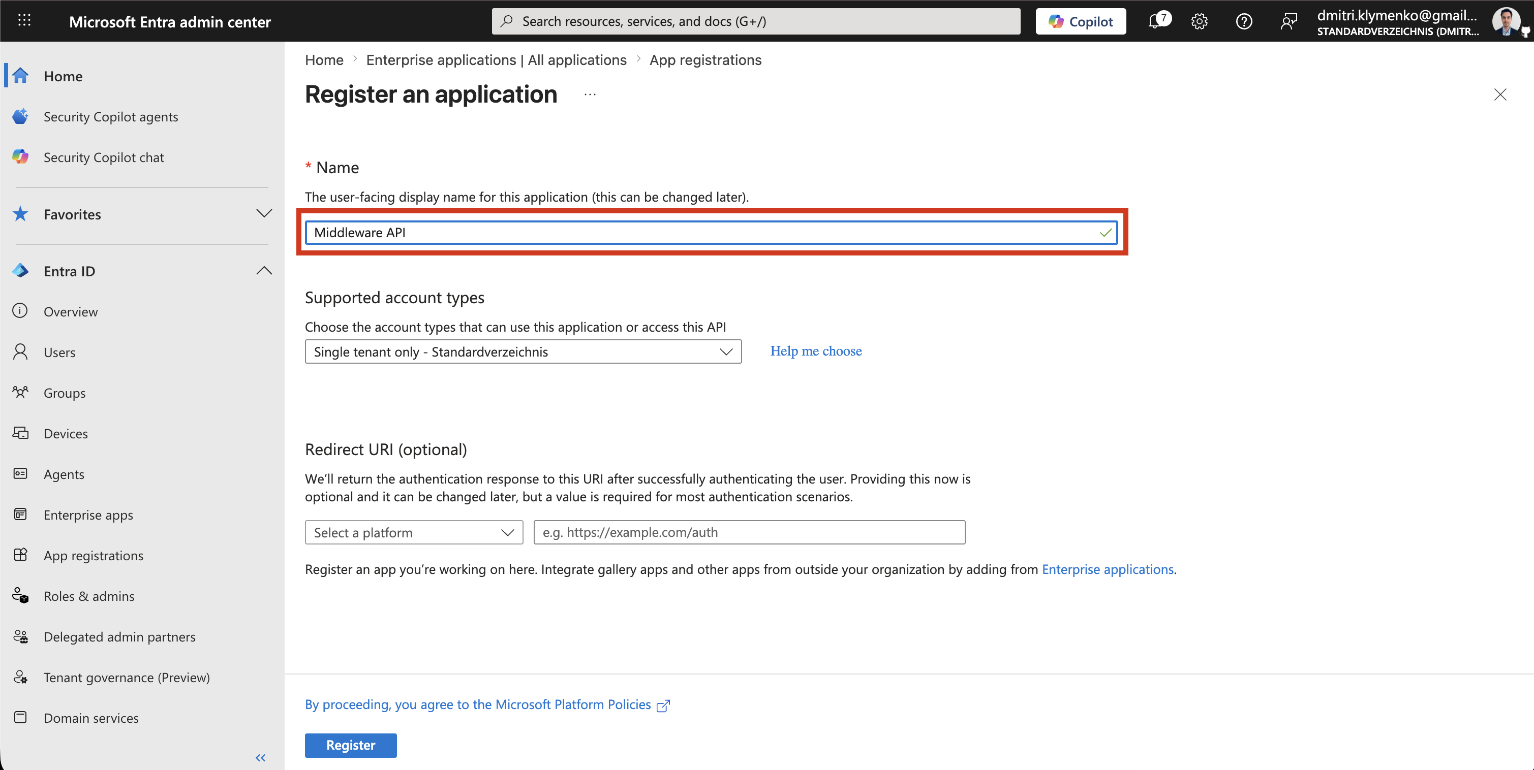 Microsoft Entra app registration creation screen showing Middleware-API being created