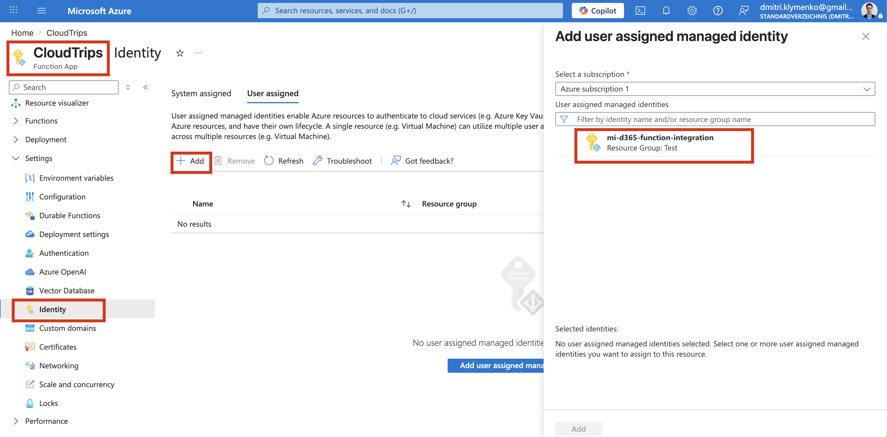 Azure Function Identity blade showing a user assigned managed identity attached