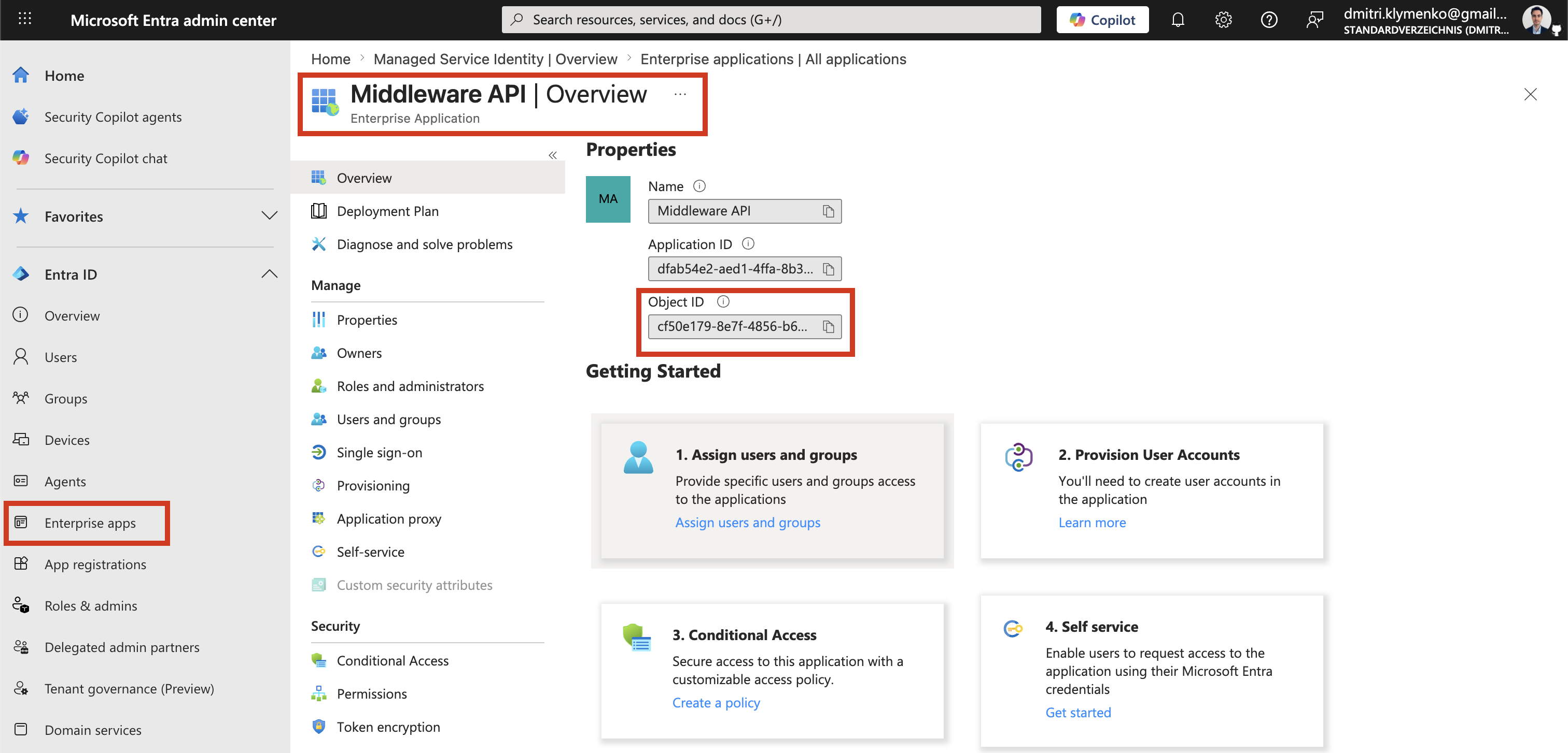 Azure or Microsoft Entra view showing the Middleware API resourceId value