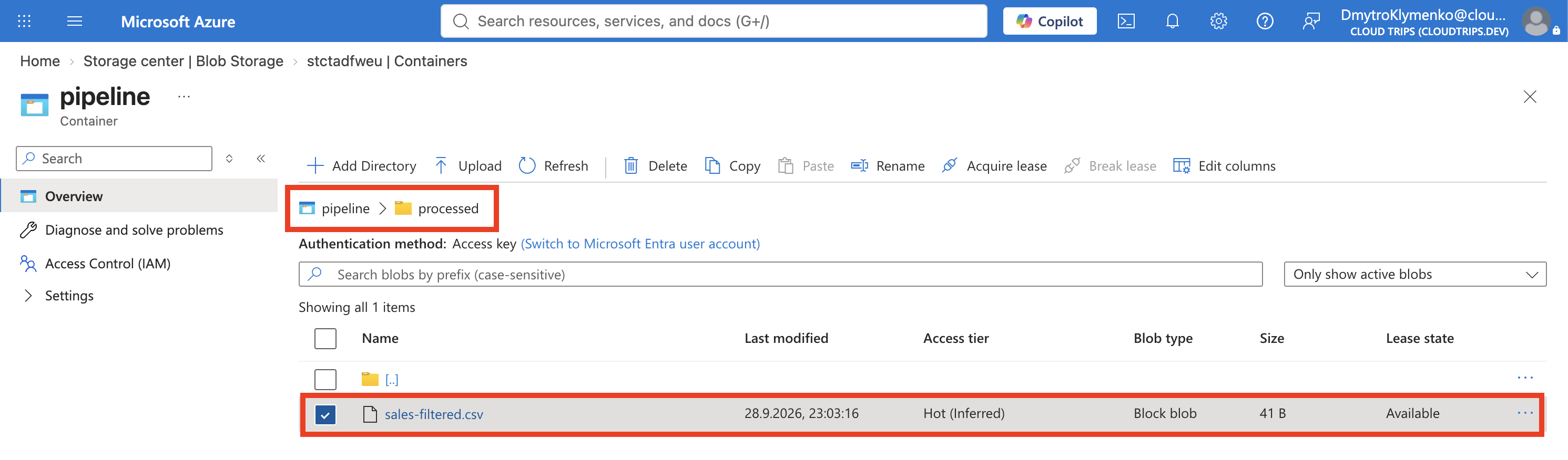 Storage container pipeline with the processed folder open and sales-filtered.csv listed