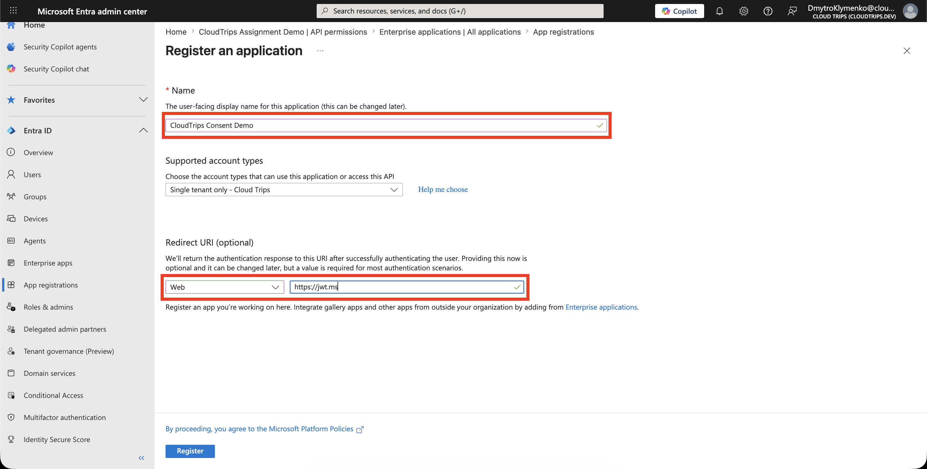 App Registration fuer CloudTrips Consent Demo