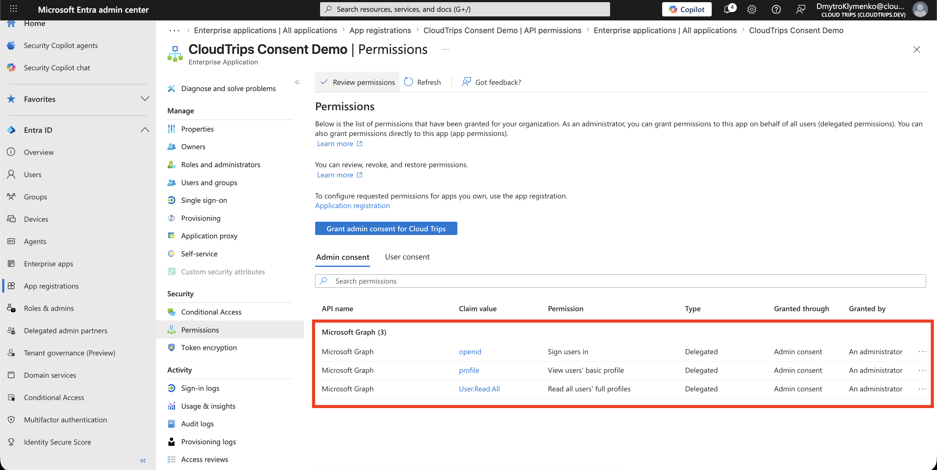 Enterprise Application Permissions nach genehmigtem Admin Consent