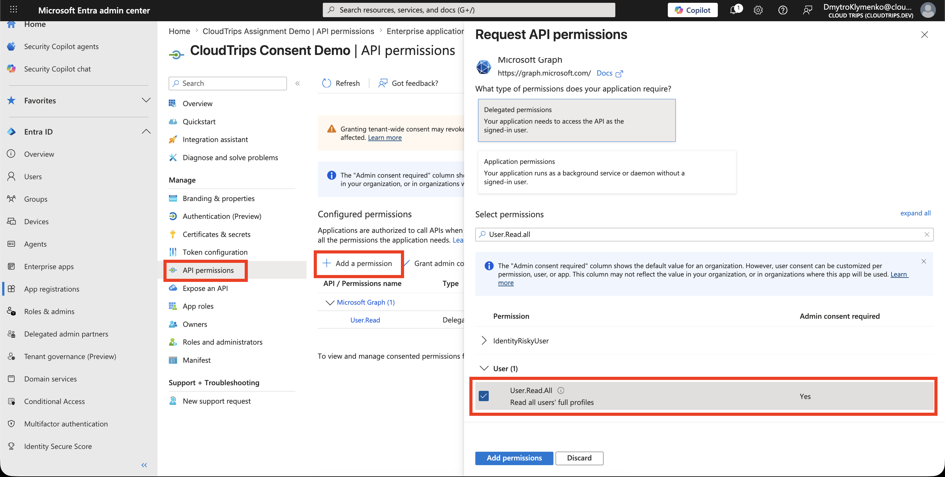 CloudTrips Consent Demo API Permissions mit Permission, die Admin Consent erfordert
