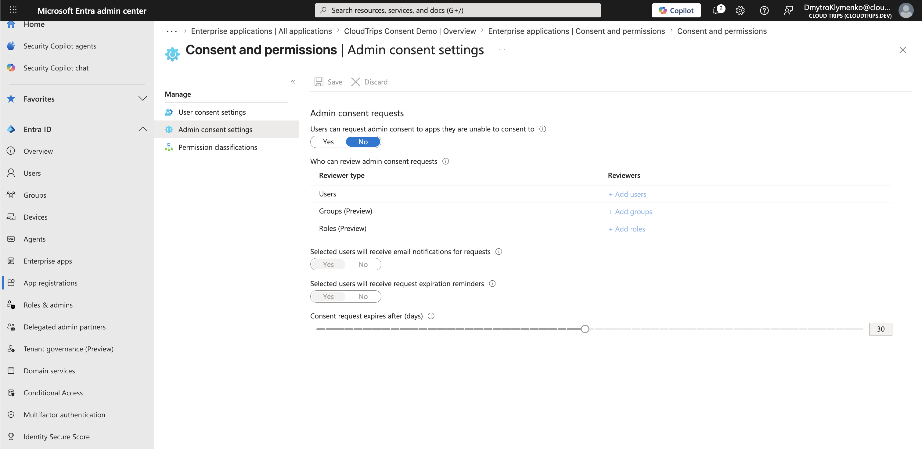 Admin consent settings Seite in Microsoft Entra