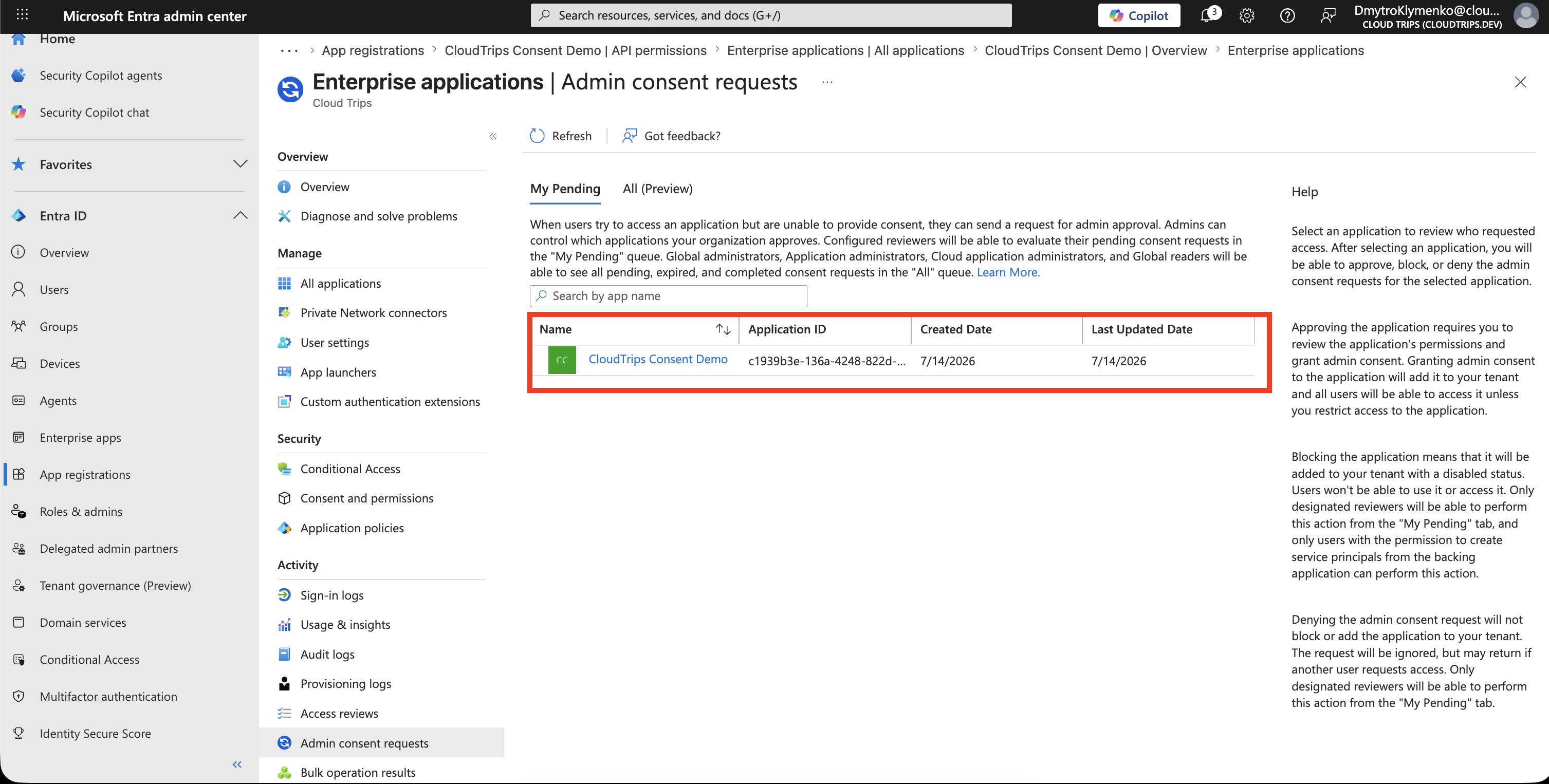 Liste mit pending Admin Consent Request