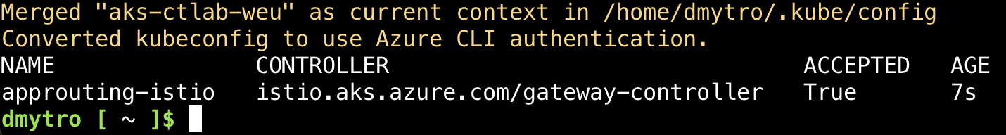 Cloud Shell mit der akzeptierten GatewayClass approuting-istio.