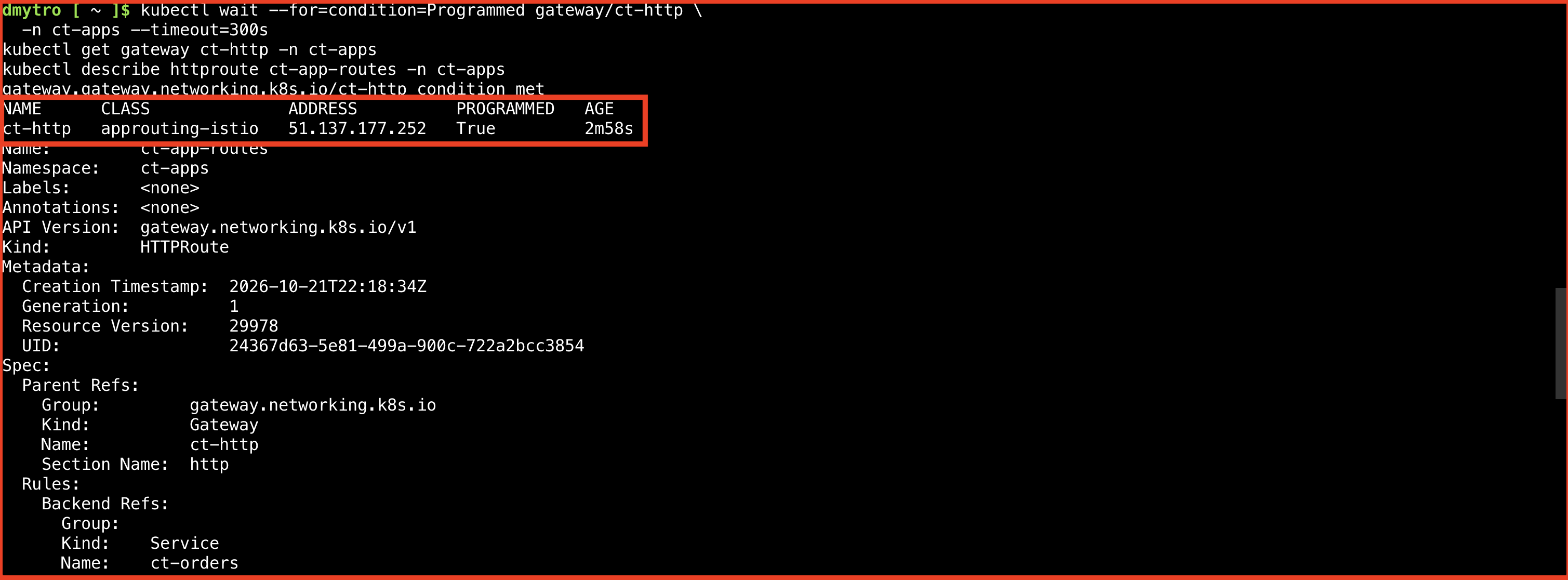 Status von Gateway und HTTPRoute mit erfolgreicher Programmierung und akzeptierten Backend-Referenzen.