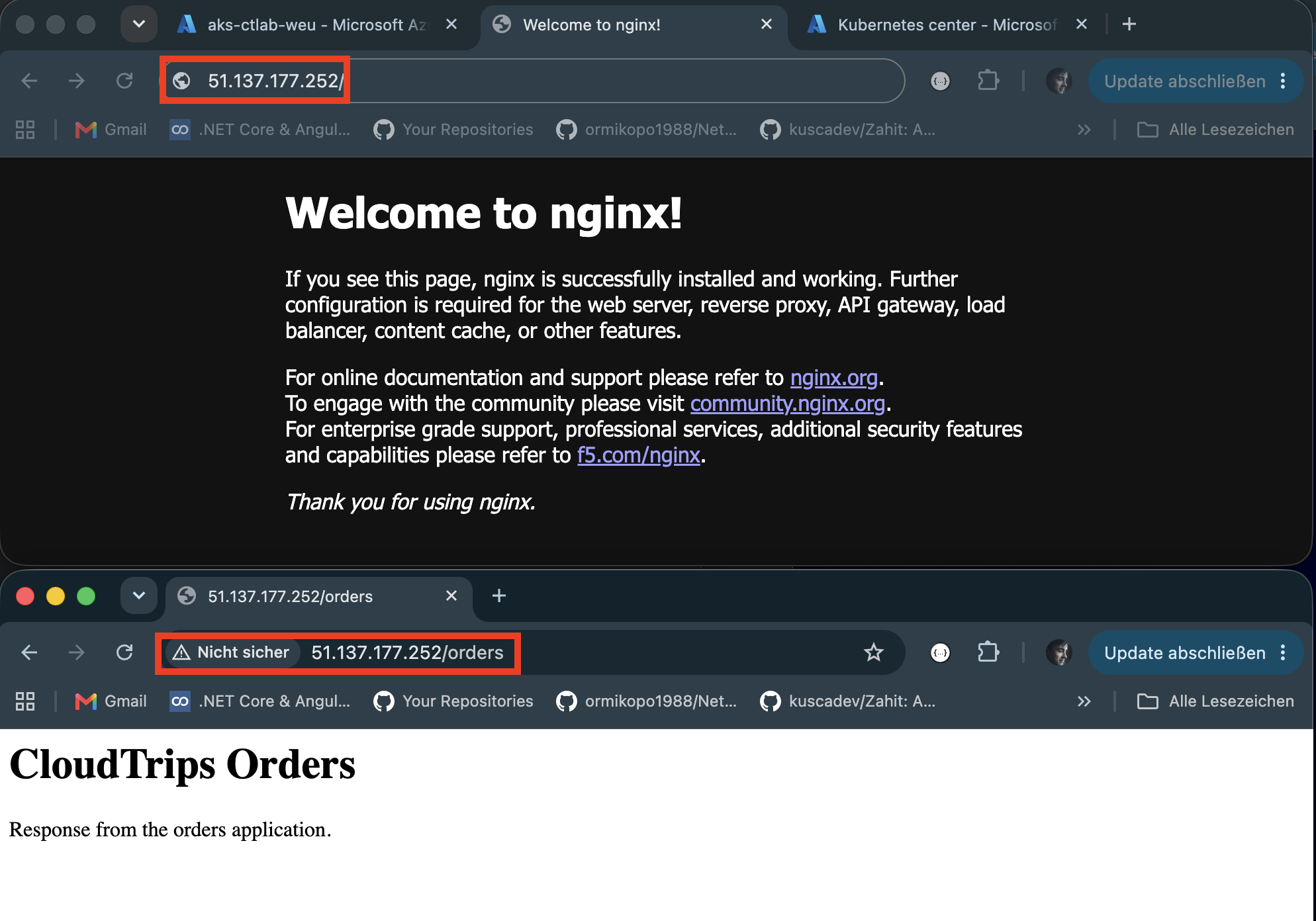 Browser mit CloudTrips Orders unter der Gateway-IP und dem Pfad /orders.