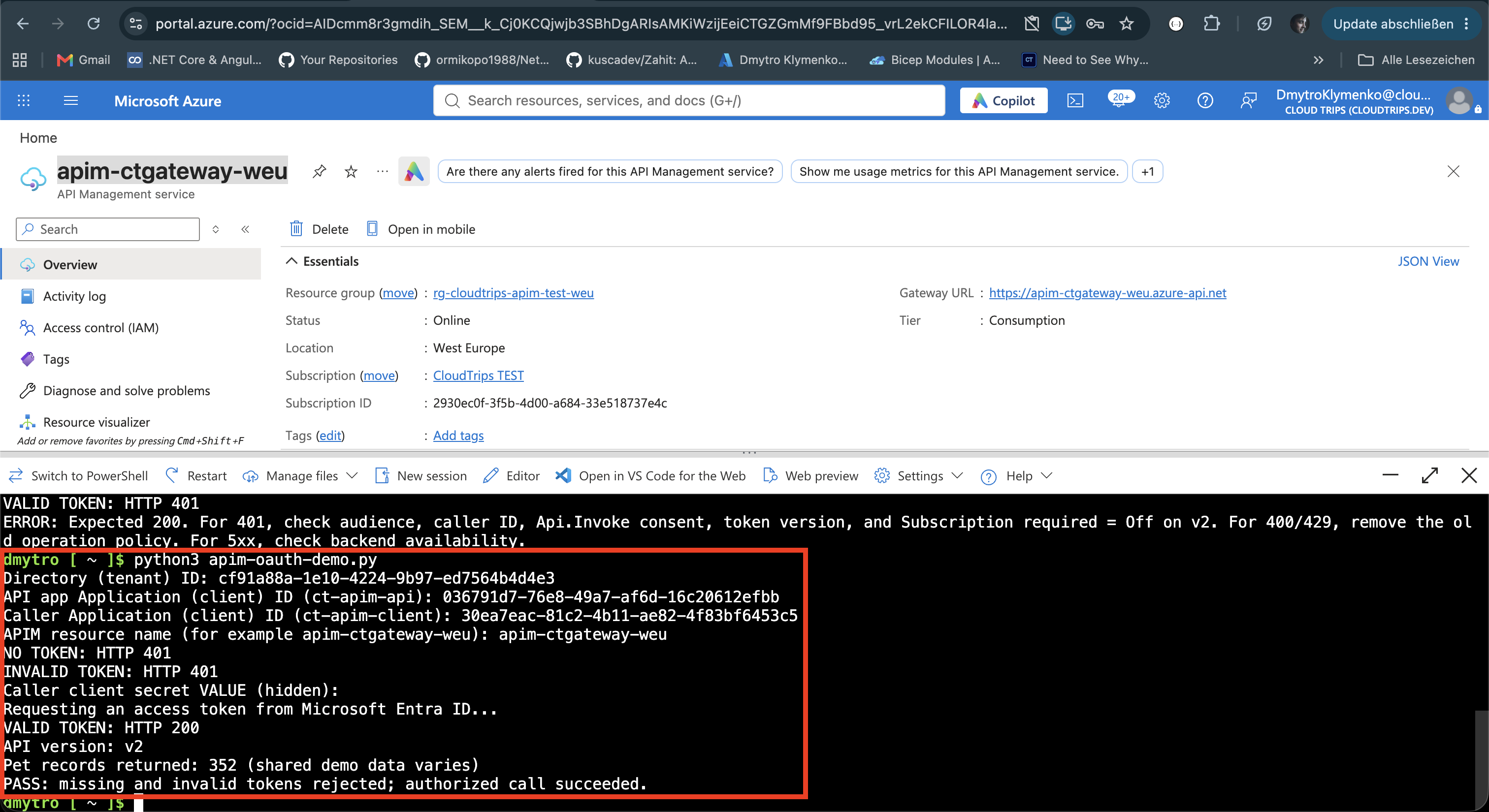 Cloud Shell showing 401 for missing and invalid tokens and 200 for the authorized v2 call, without credentials displayed.