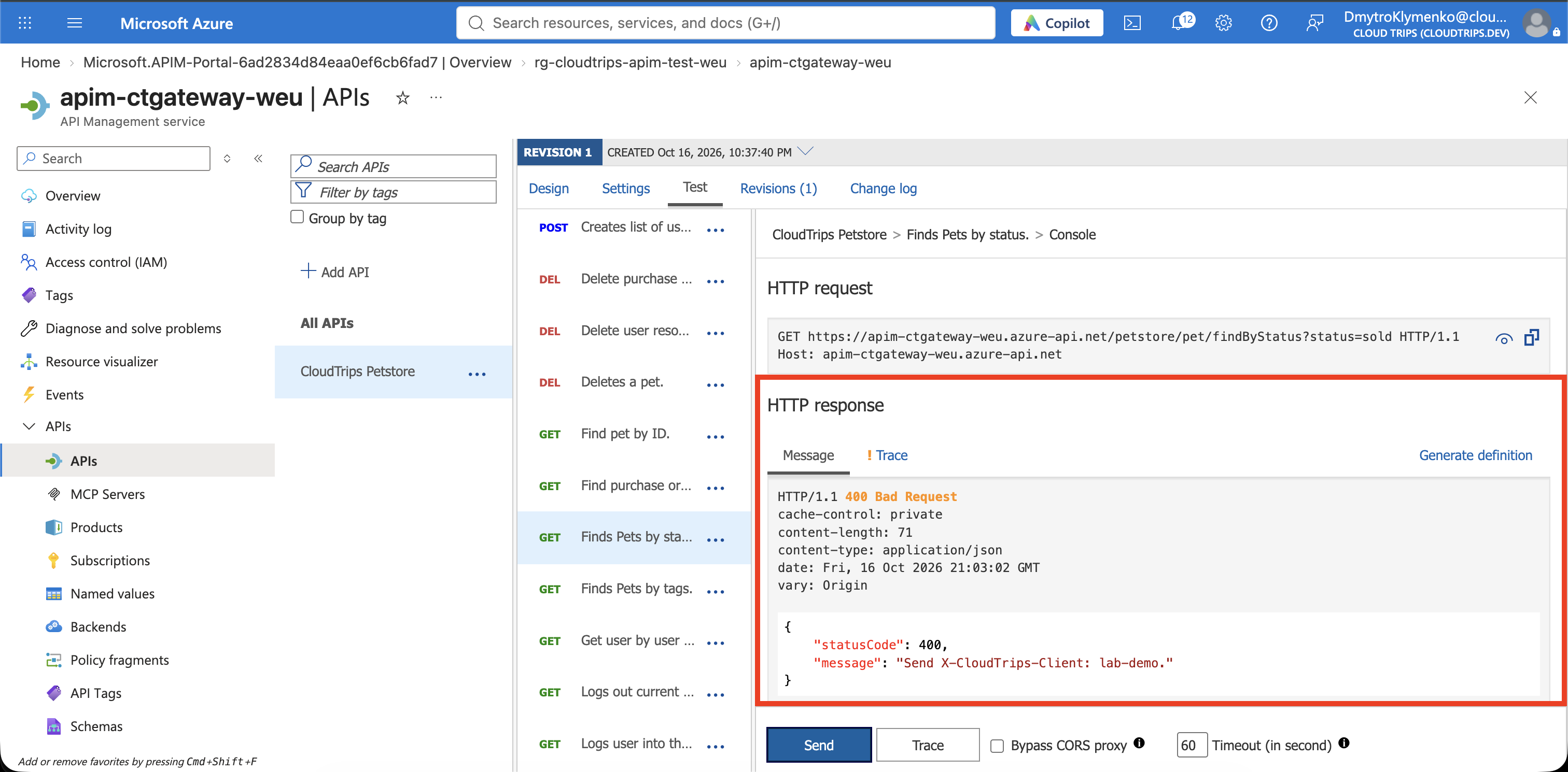 APIM test console returning HTTP 400 because the required lab header is missing.