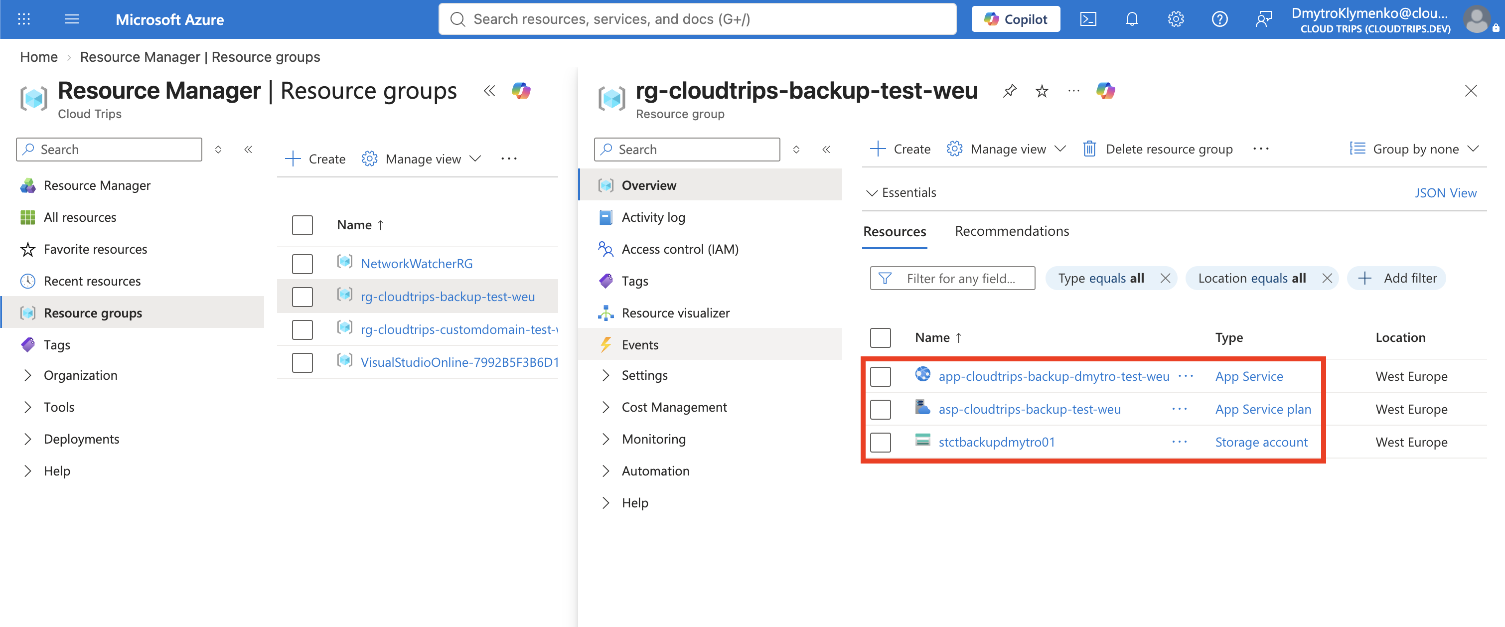 Ressourcengruppe mit B1-Web-App, App Service Plan und Backup-Speicherkonto