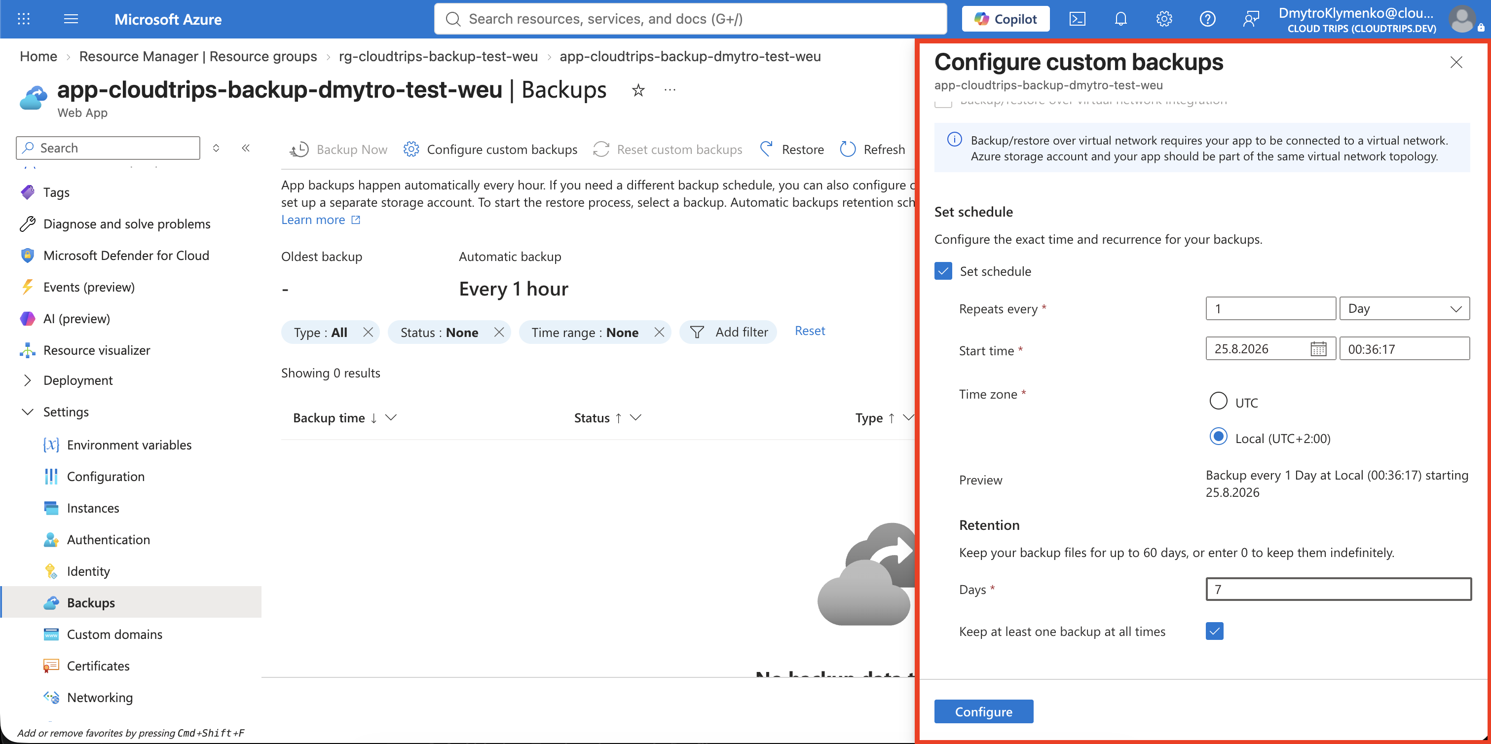 Configure custom backups mit privatem Container und täglichem Zeitplan bei sieben Tagen Aufbewahrung