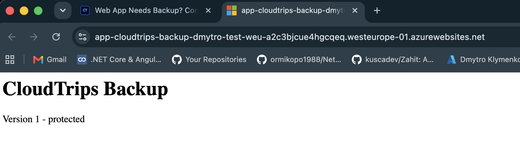 App-Service-Backupdetails mit erfolgreicher Wiederherstellung von Version 1