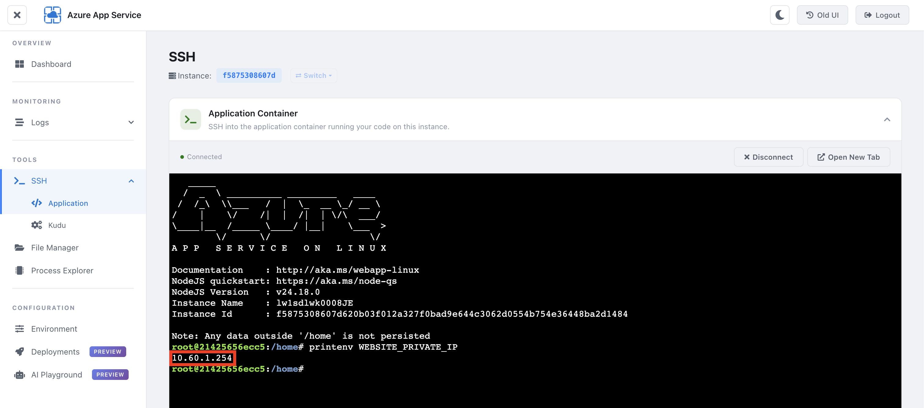 App-Service-SSH mit WEBSITE_PRIVATE_IP aus dem Integrationssubnetz